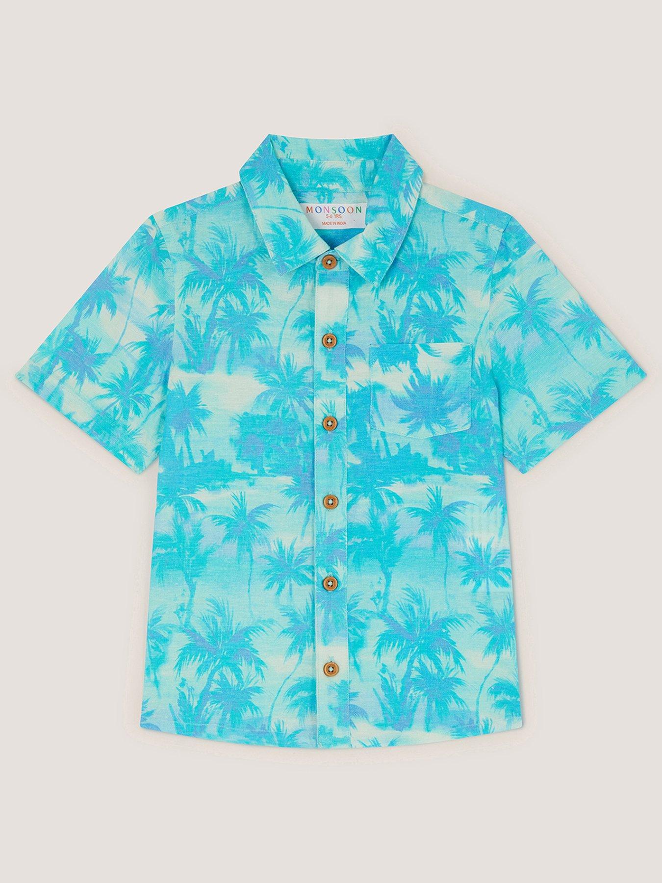 Monsoon Boys Palm Print Short Sleeve Shirt - Blue