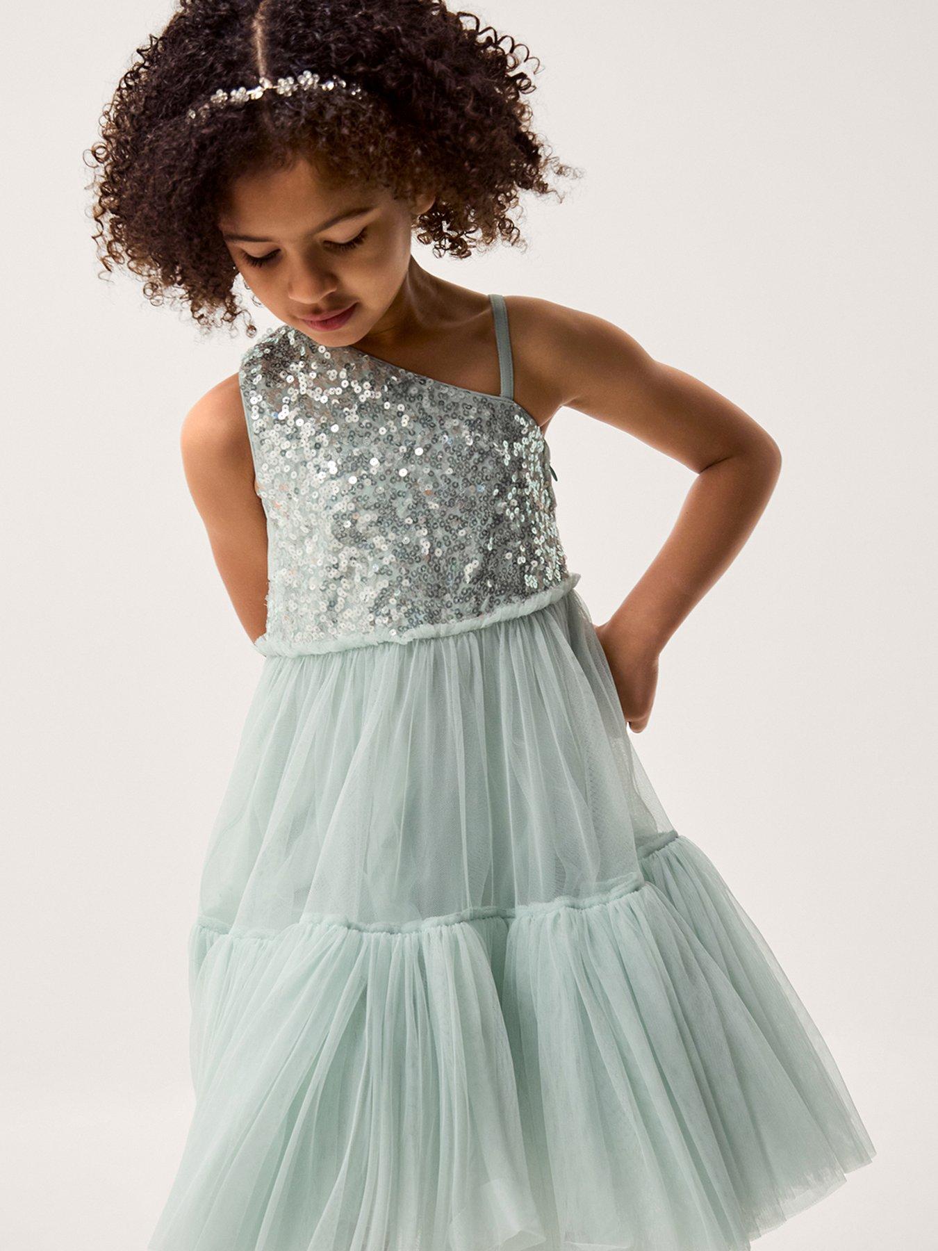 Monsoon Girls Sequin 1 Shoulder Ruby Dress - Light Green