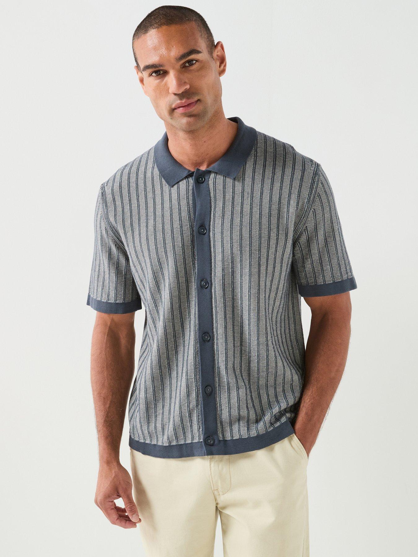 Image 1 of 6 of BOSS Kodd Striped Knitted Short Sleeve Shirt - Navy