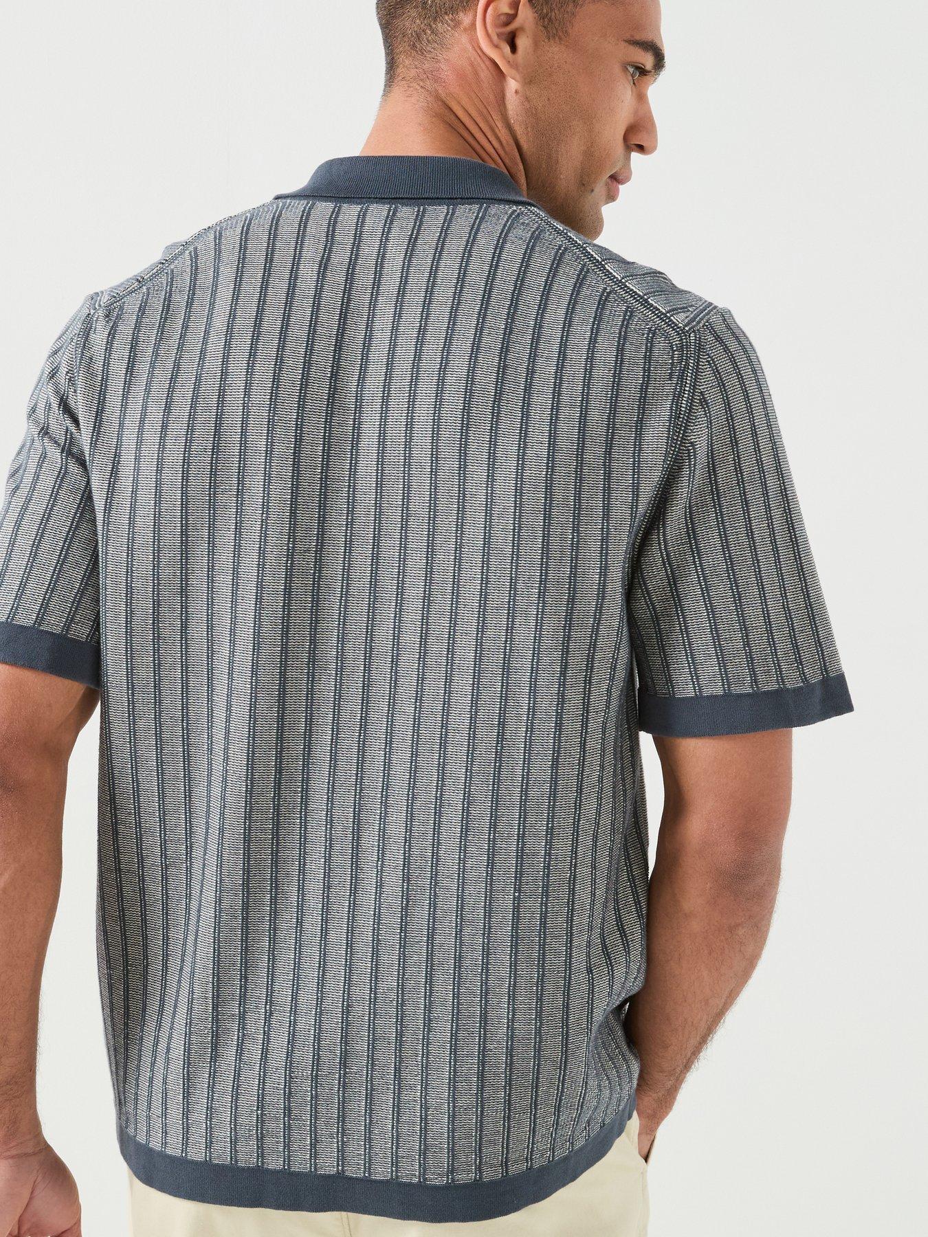 Image 6 of 6 of BOSS Kodd Striped Knitted Short Sleeve Shirt - Navy
