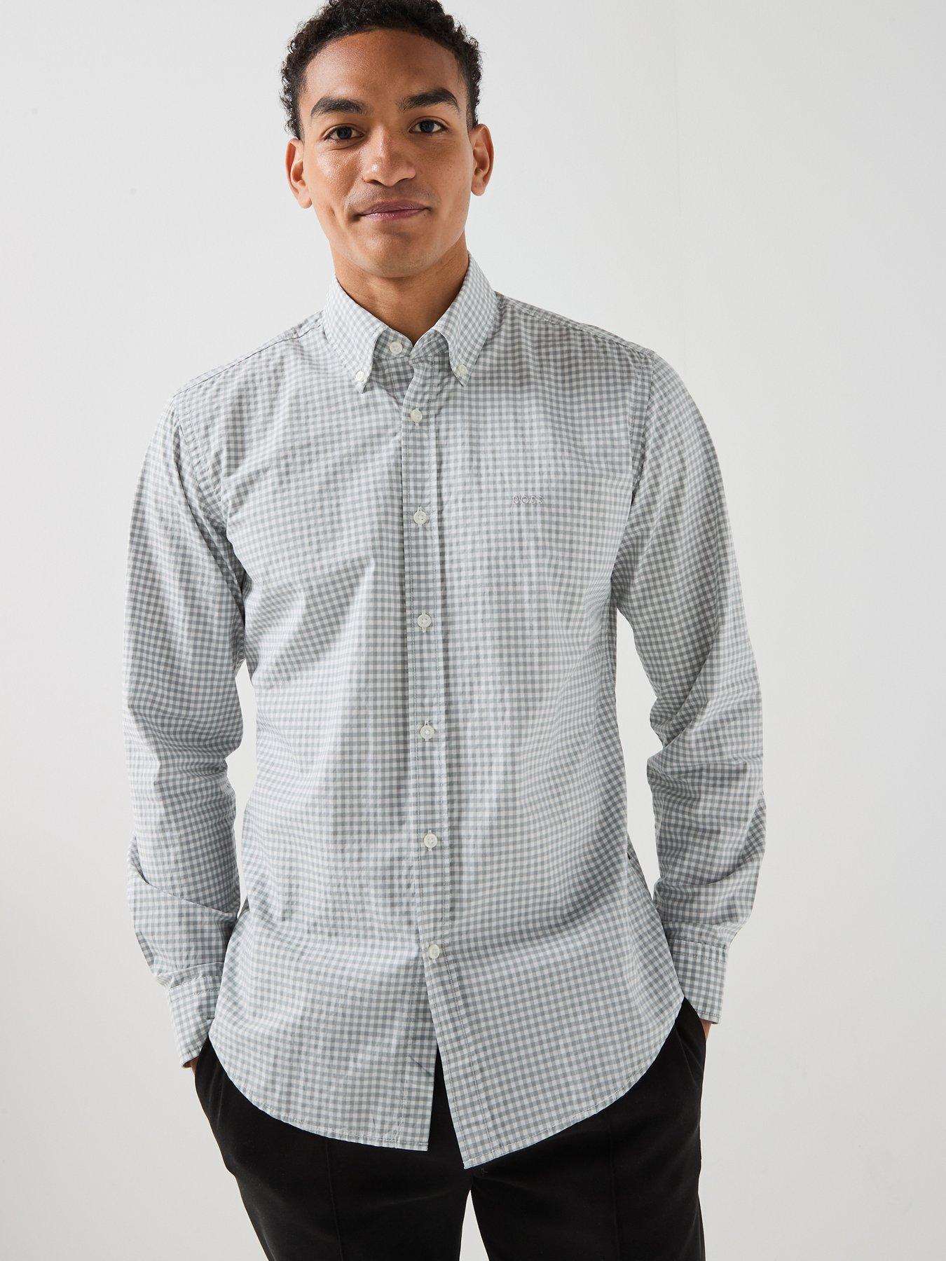 Image 1 of 6 of BOSS Rickert_M Button Down Gingham Shirt - White