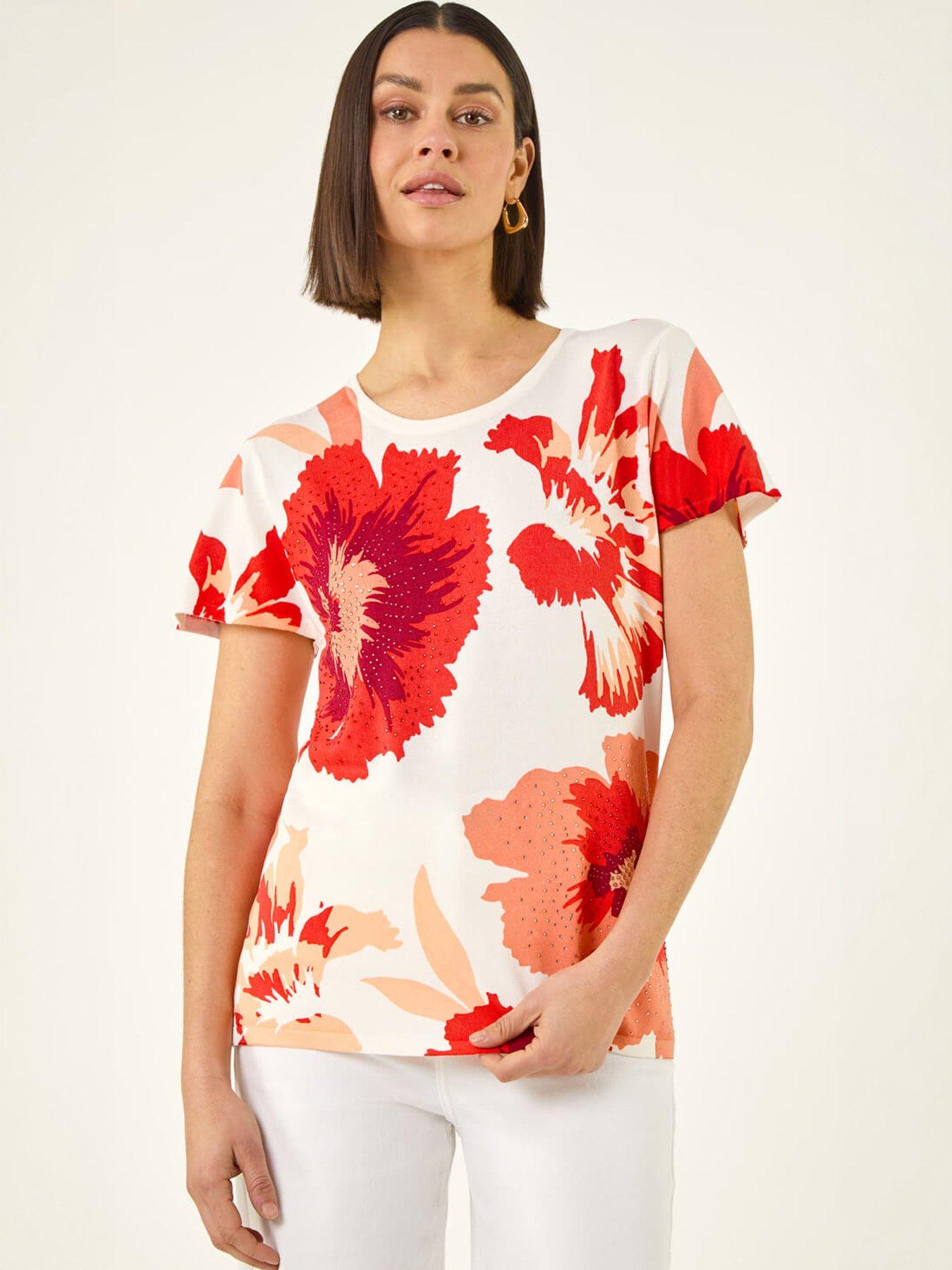 Image 1 of 5 of Roman Floral Print Embellished Knit Top
