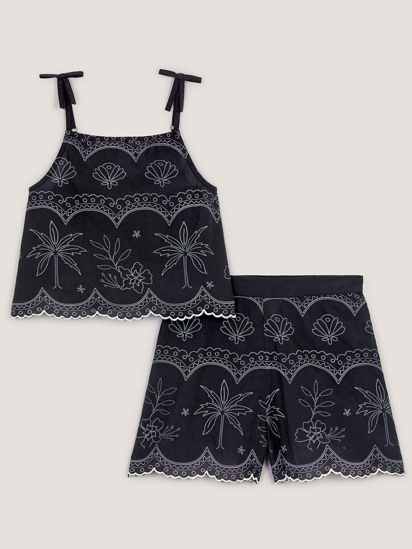 Monsoon Girls Embroidered Tropical Shorts Set - Black