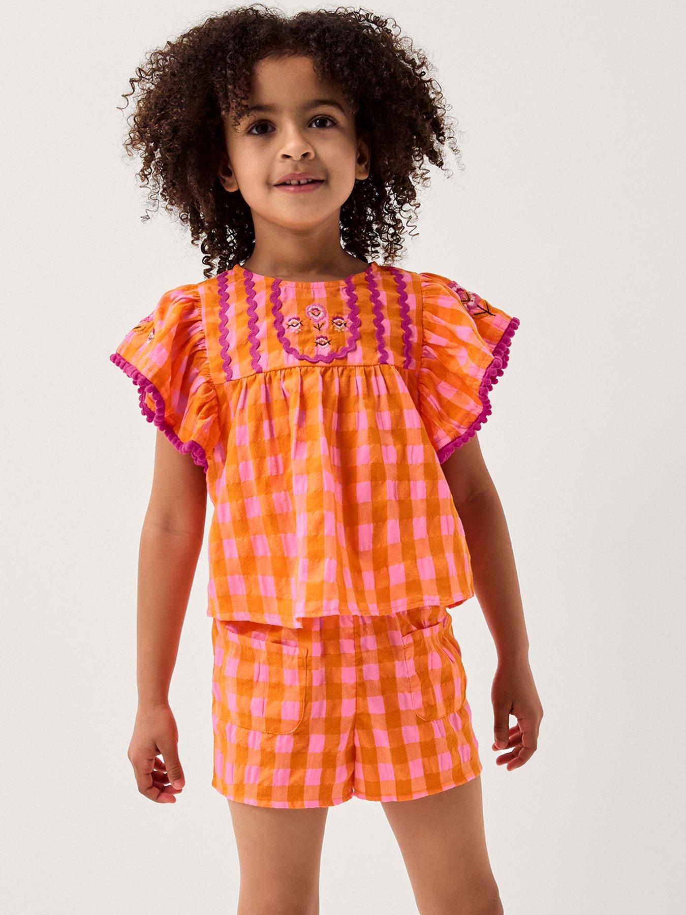 Image 1 of 4 of Monsoon Girls Gingham Embroidered Short Set - Orange