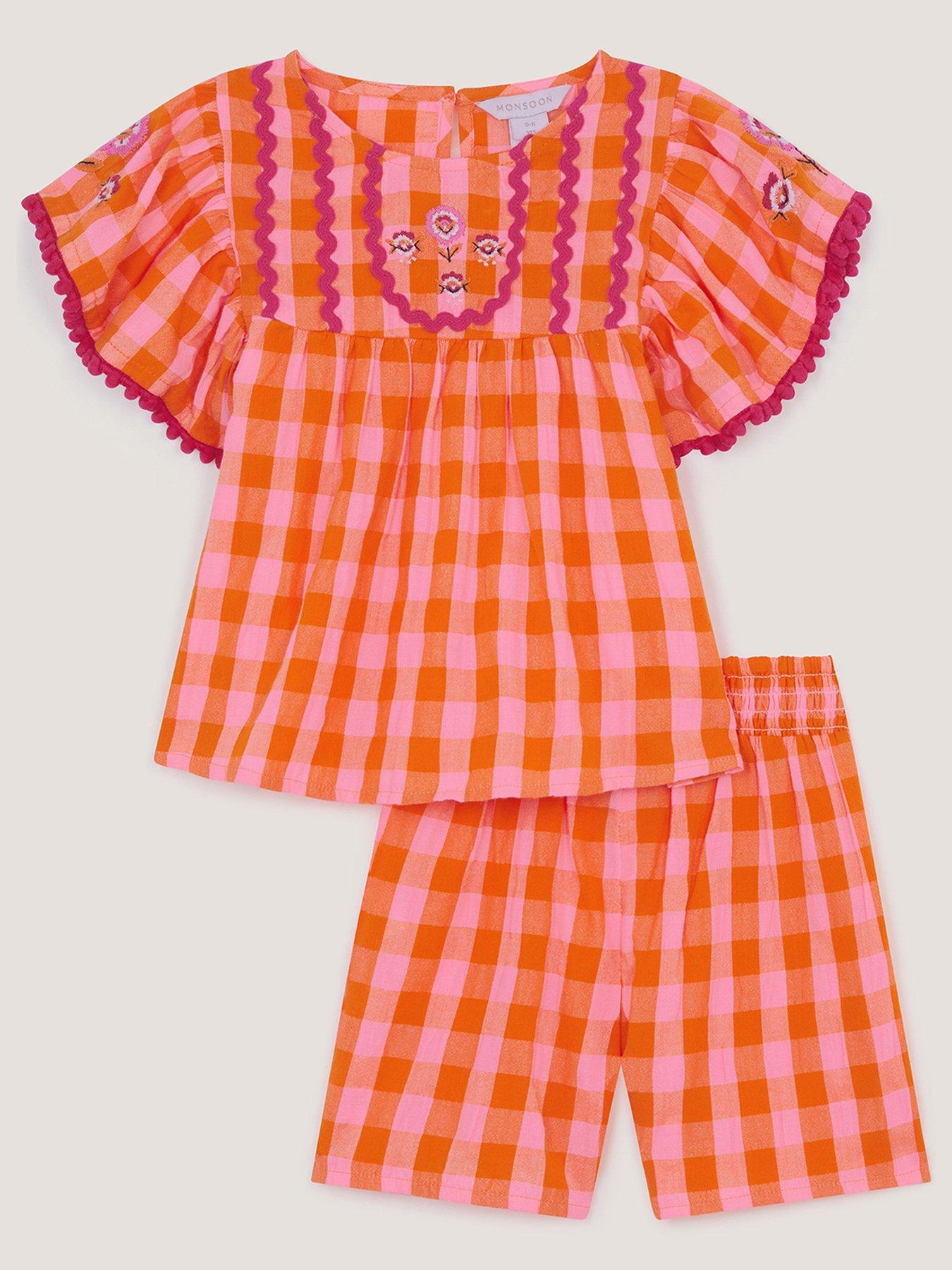 Image 2 of 4 of Monsoon Girls Gingham Embroidered Short Set - Orange