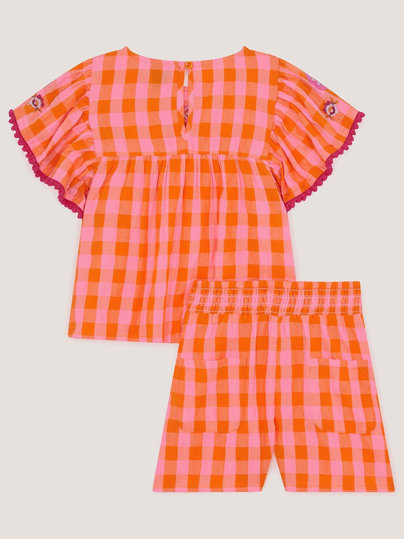Image 3 of 4 of Monsoon Girls Gingham Embroidered Short Set - Orange