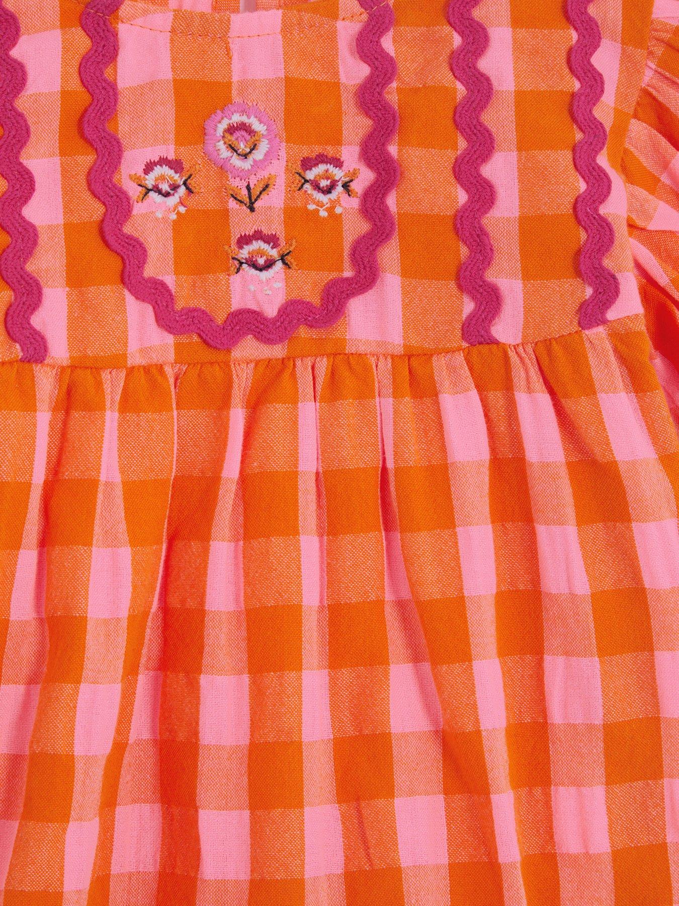Image 4 of 4 of Monsoon Girls Gingham Embroidered Short Set - Orange
