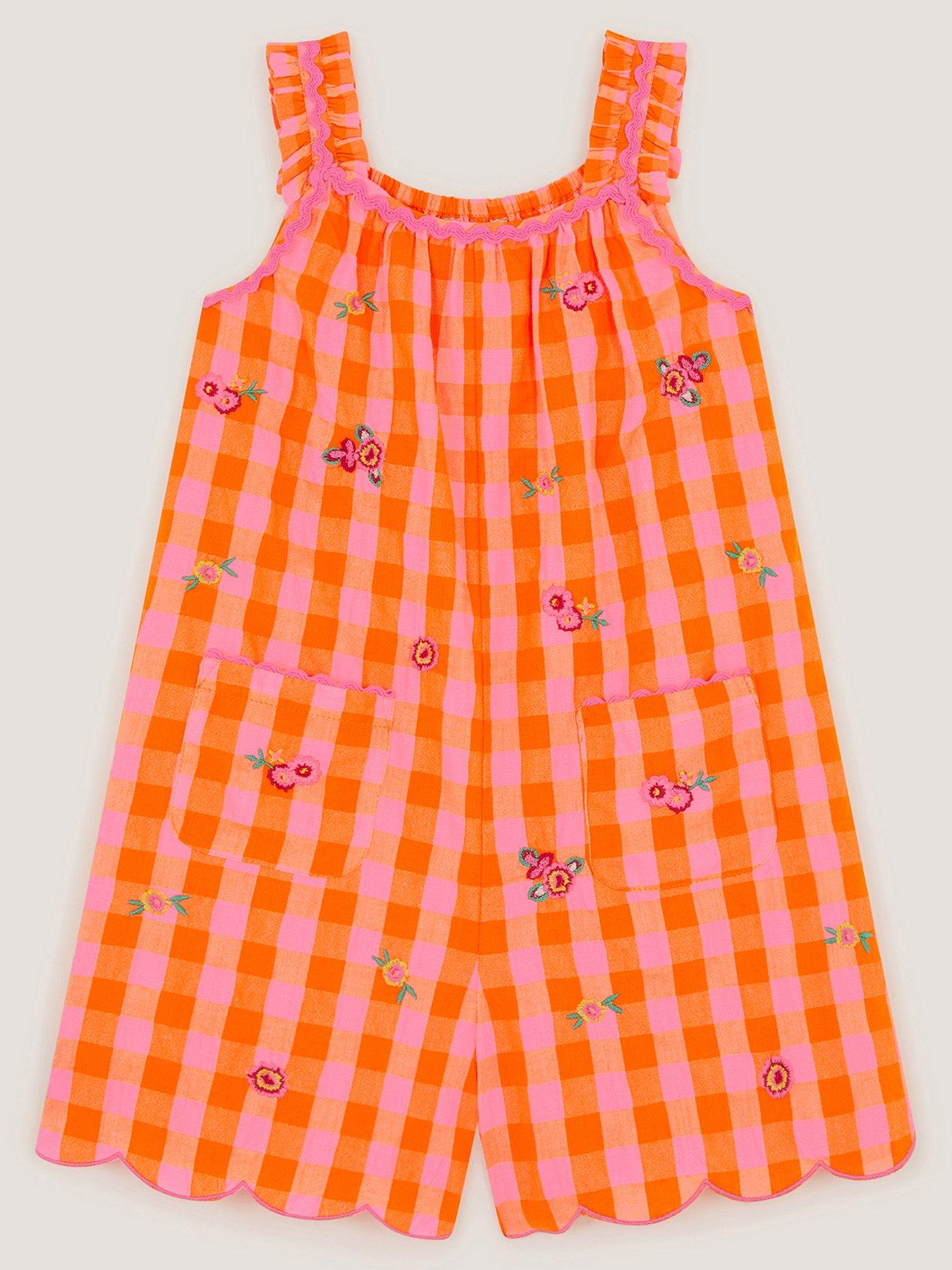 Monsoon Girls Gingham Embroidered Playsuit - Orange