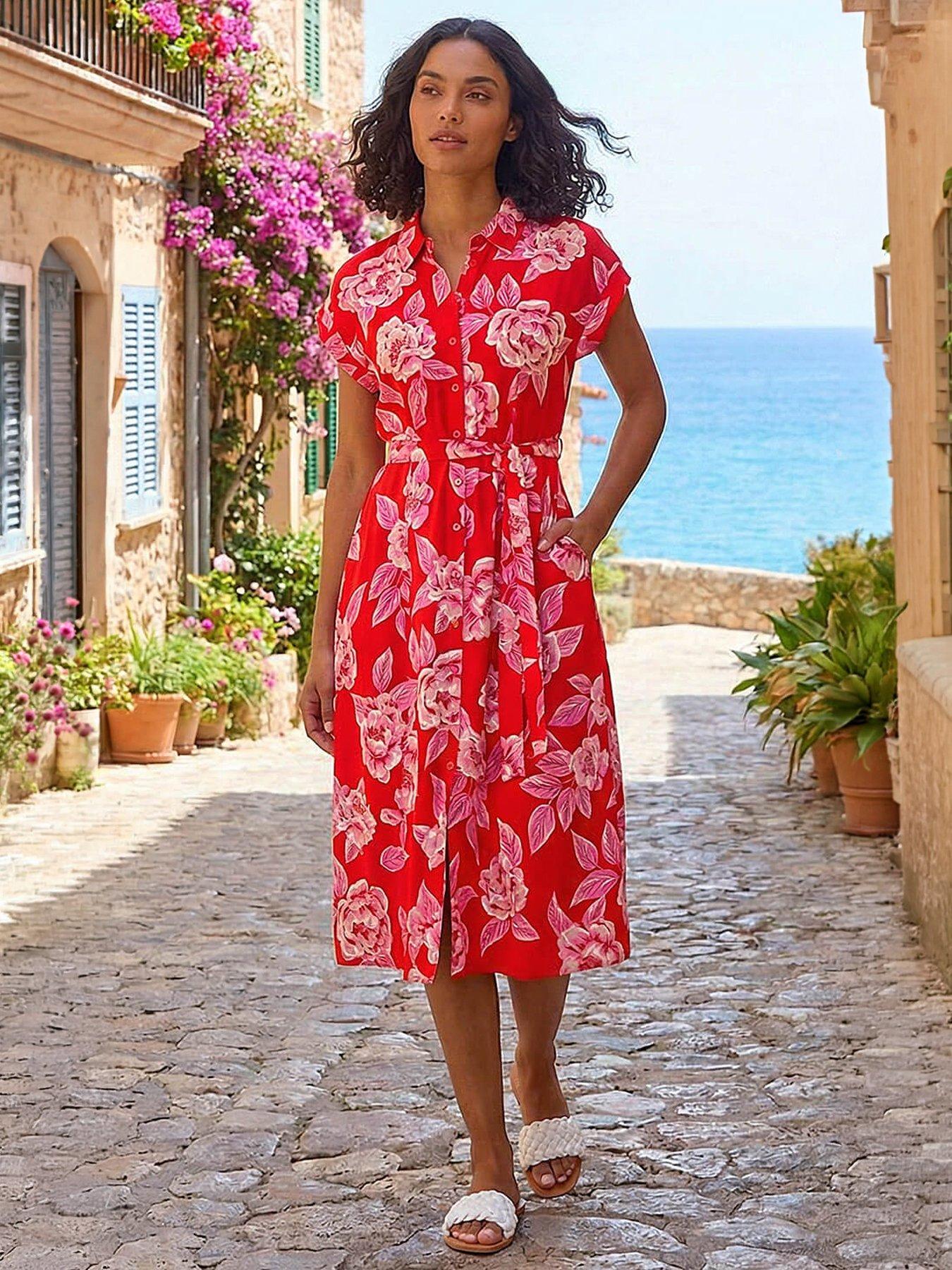 Roman Rose Print Belted Midi Dress