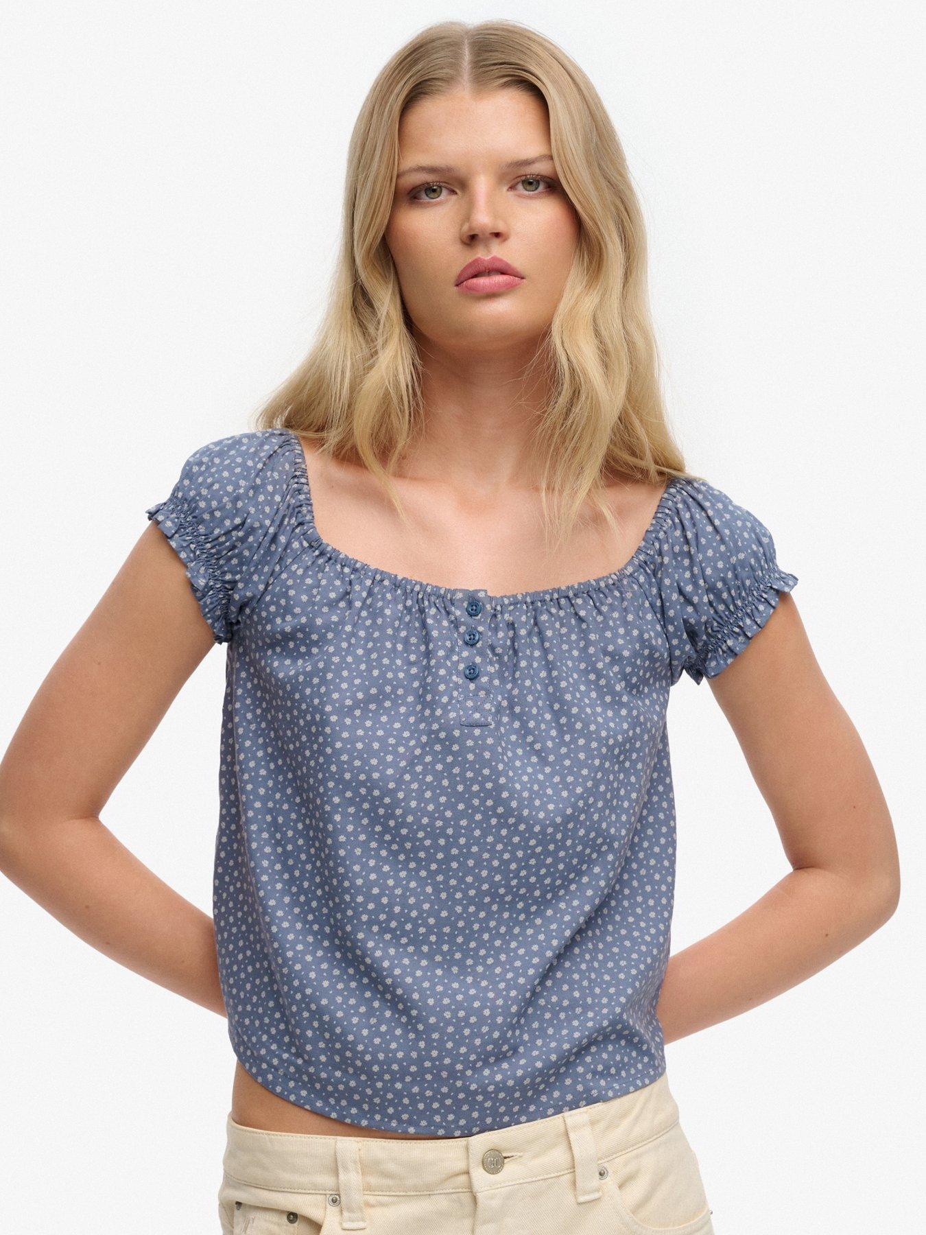 Superdry Short Sleeve 1/2 Button Woven Top - Blue