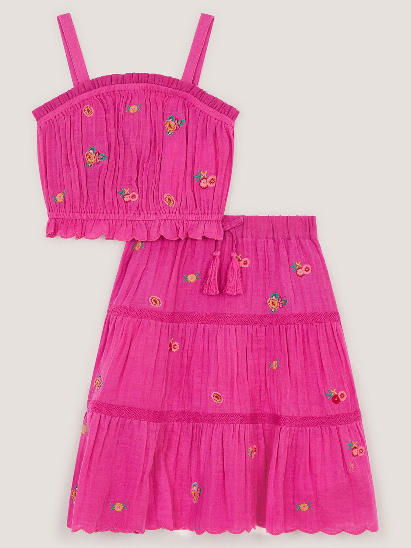 Image 1 of 3 of Monsoon Girls Embroidered Maxi Skirt Set - Bright Pink