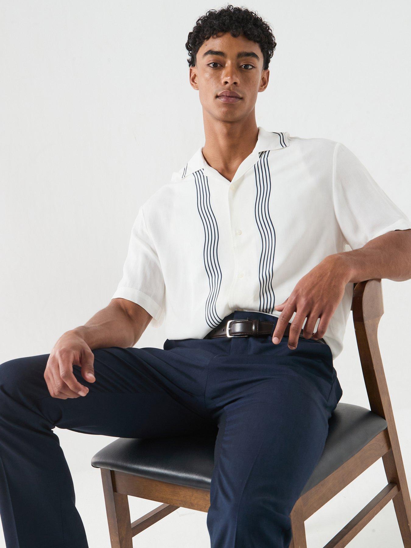 HUGO Exolino Outline Relaxed Fit Revere Collar Short Sleeve Shirt - Off White