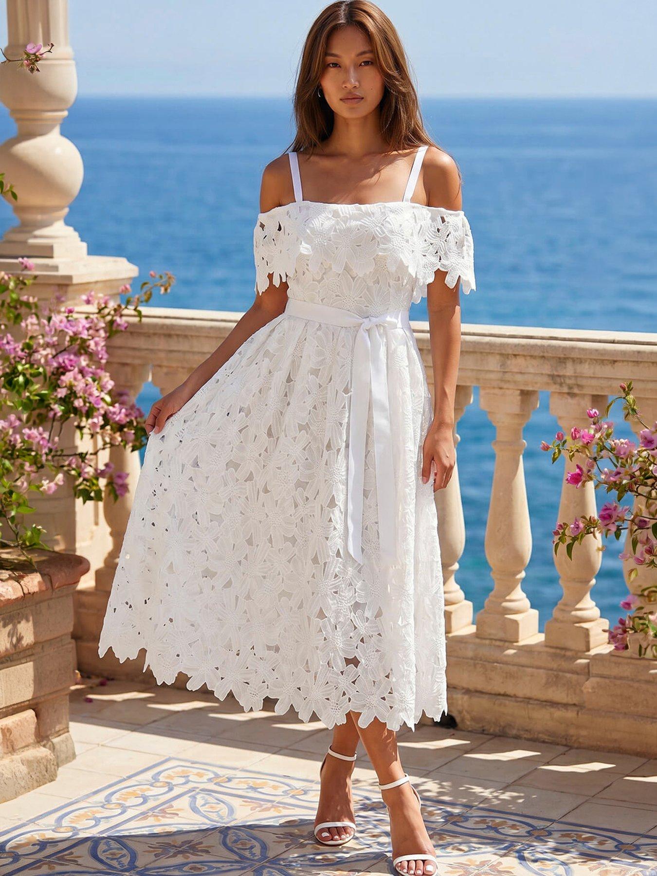 Roman Crochet Lace Bardot Midi Dress