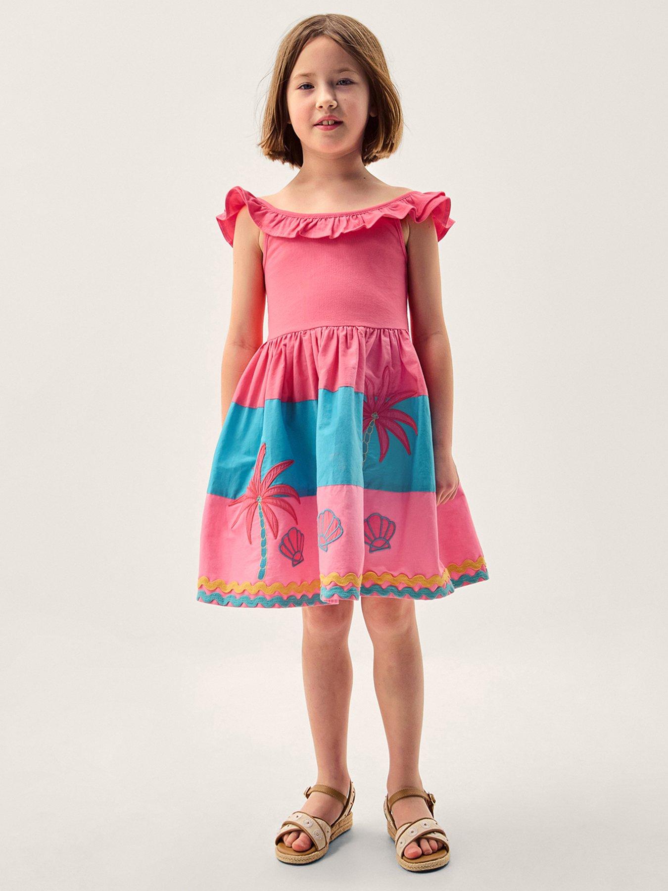 Monsoon Girls Colorblock Shell Applique Dress - Pink