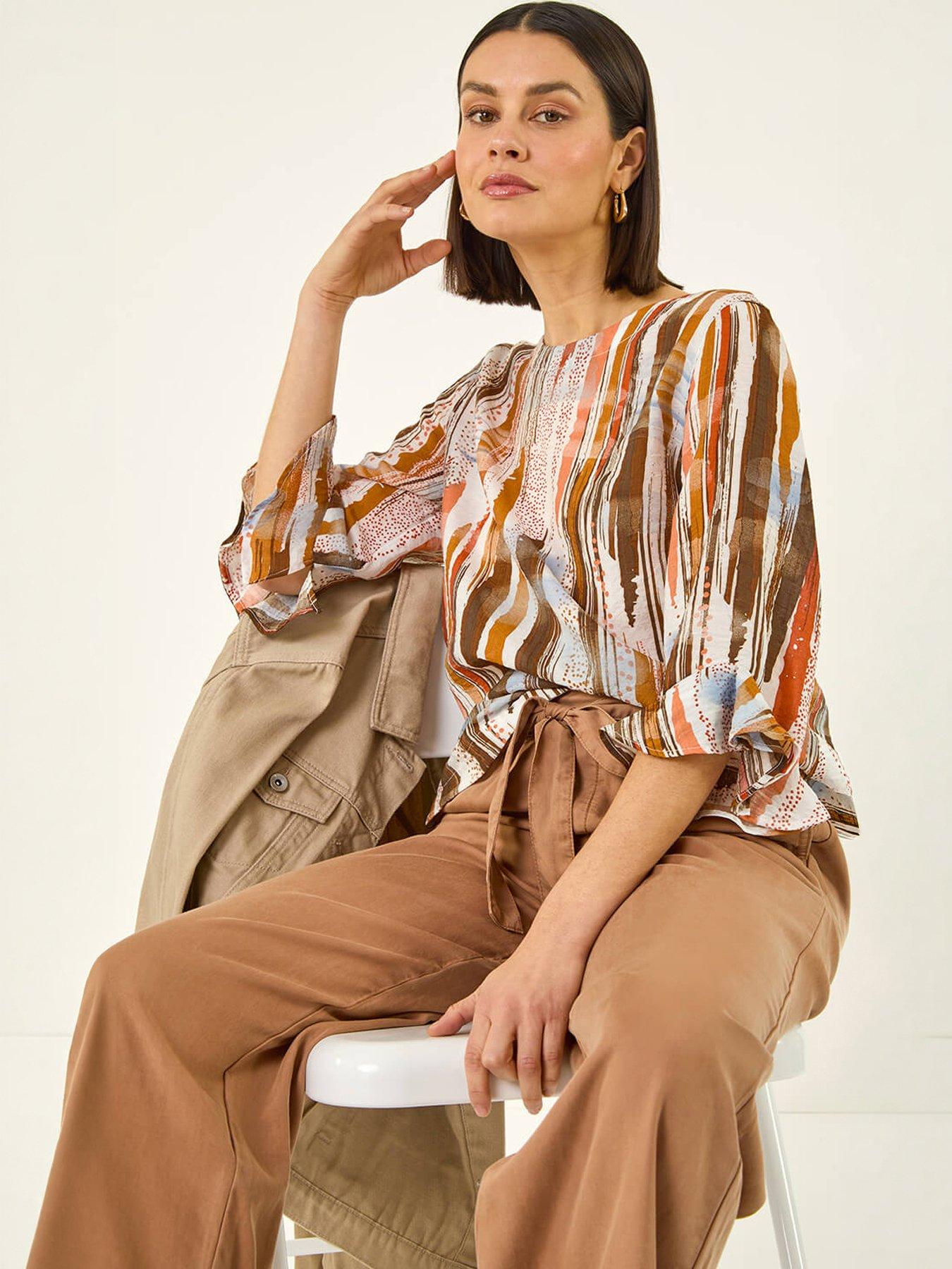 Roman Abstract Print Frill Sleeve Top