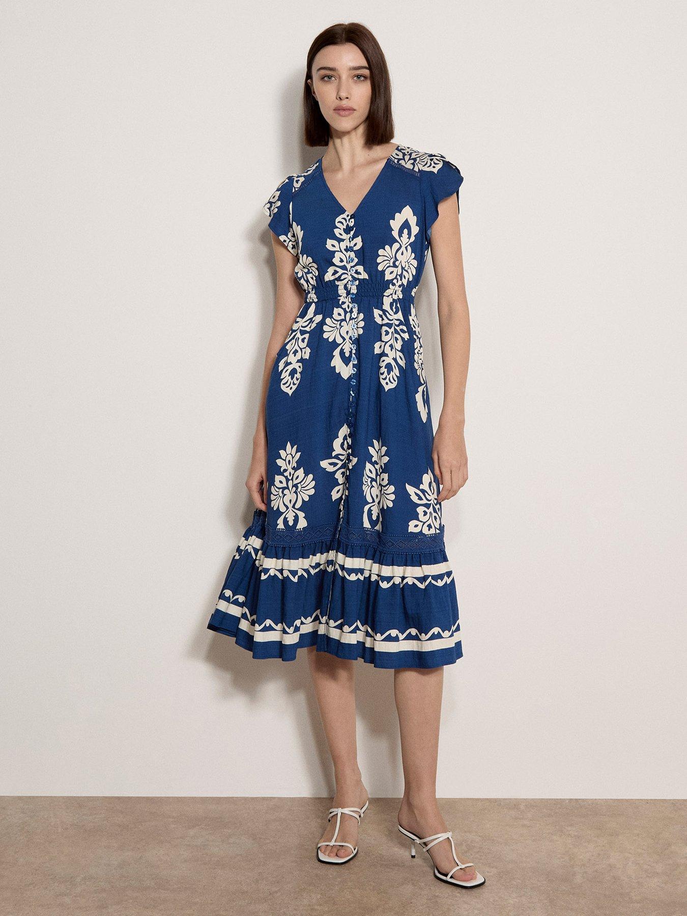 Apricot Medallion Border Crochet Detail Button Thru Midi Dress - Blue