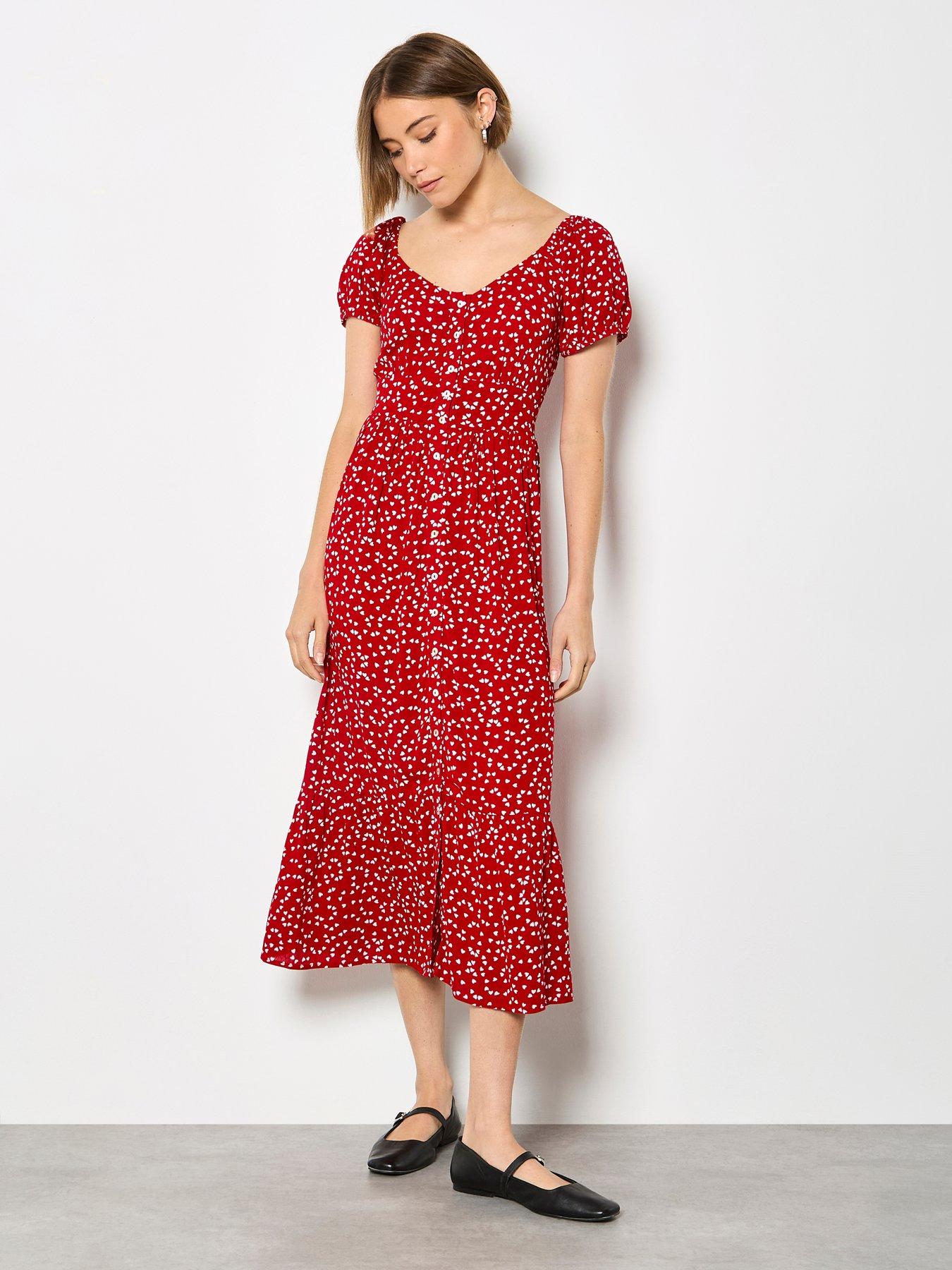 Apricot Mini Heart Button Through Midi Dress - Red