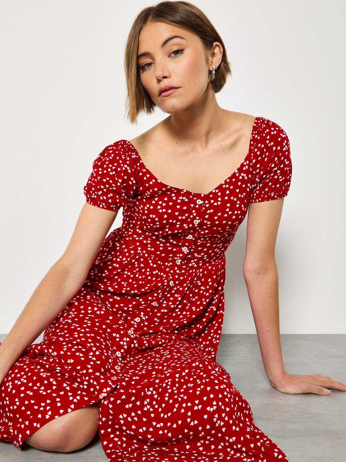 Image 4 of 4 of Apricot Mini Heart Button Through Midi Dress - Red