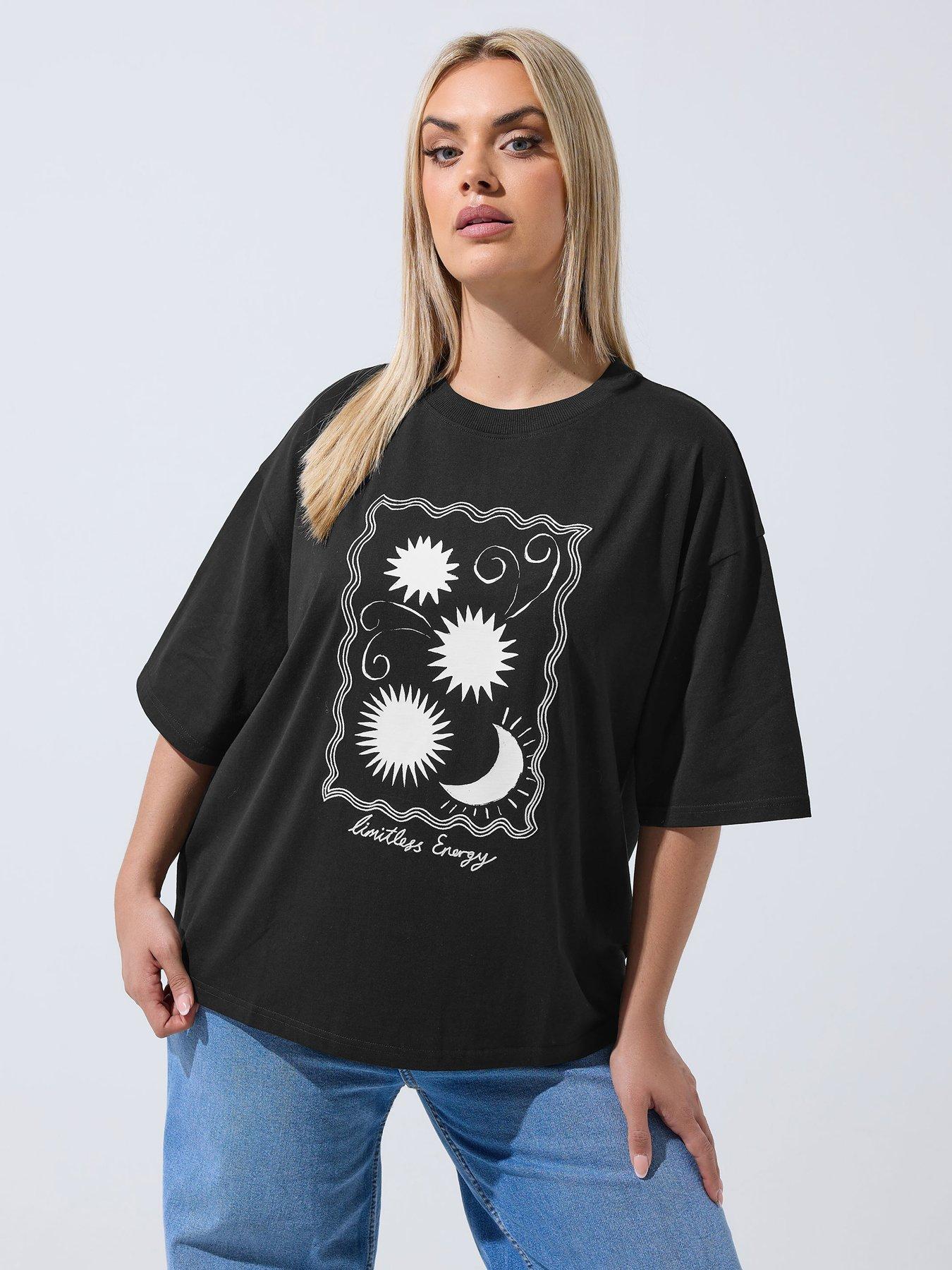 Yours Curve Embroidered Stitch Sun Graphic T-Shirt - Black