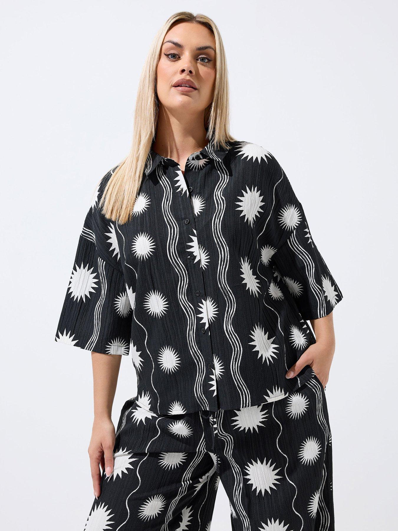 Yours Curve Sun Stripe Crinkle Shirt Co-Ord - Black