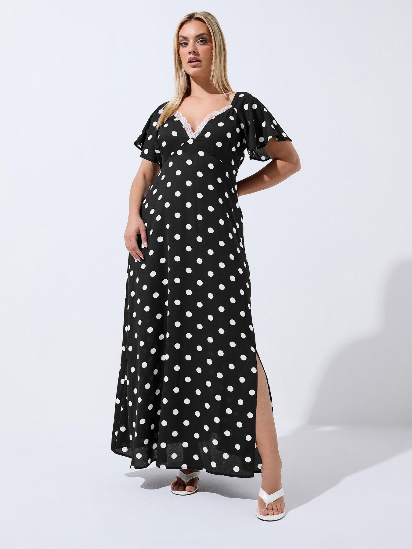 Yours Curve Polka Dot Lace Trim Dress  - Black