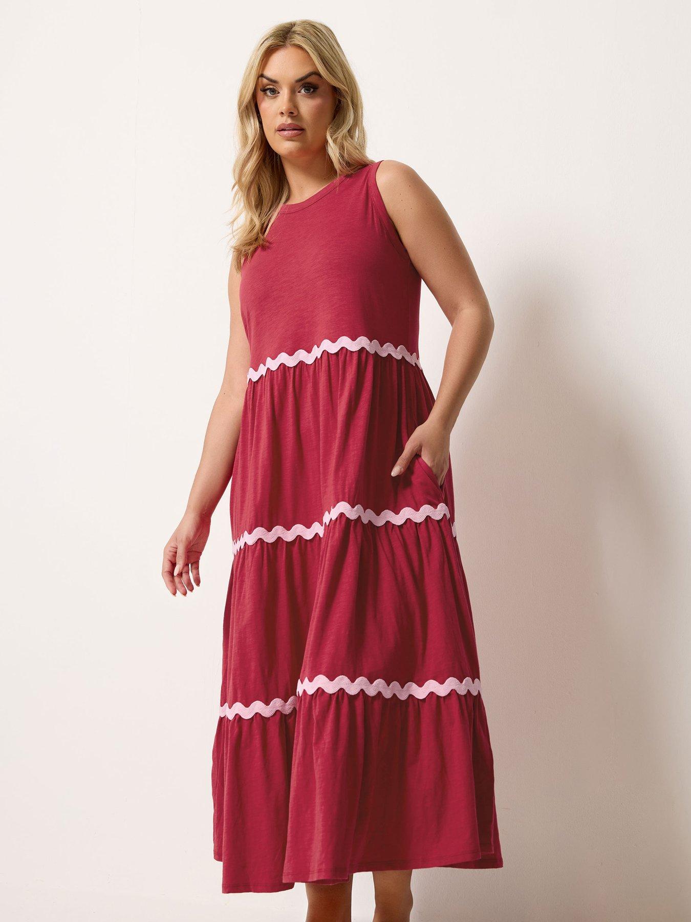 Yours Curve Contrast Ric Rac Trim Dress - Red