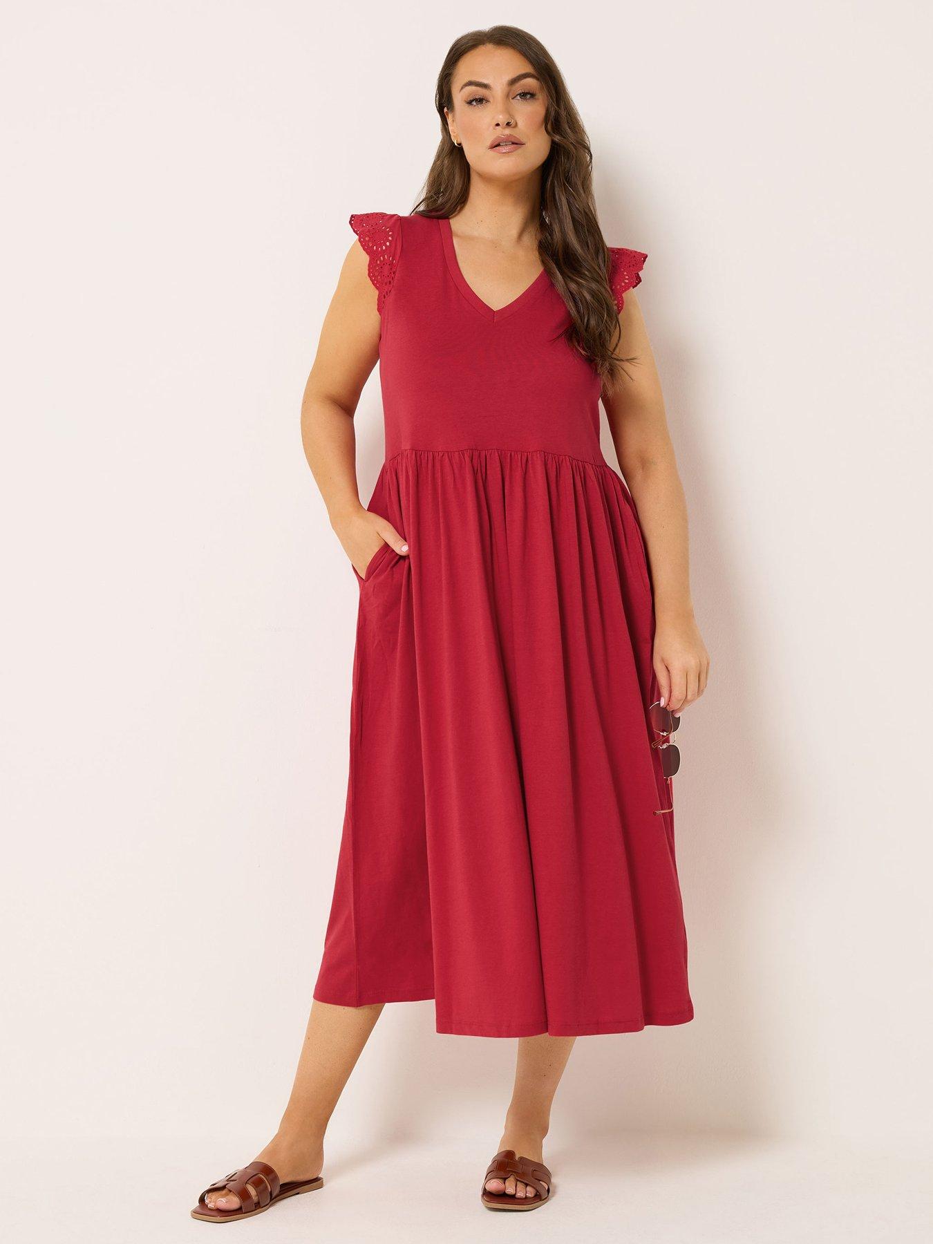 Yours Curve Broderie Sleeve Midaxi Dress - Red