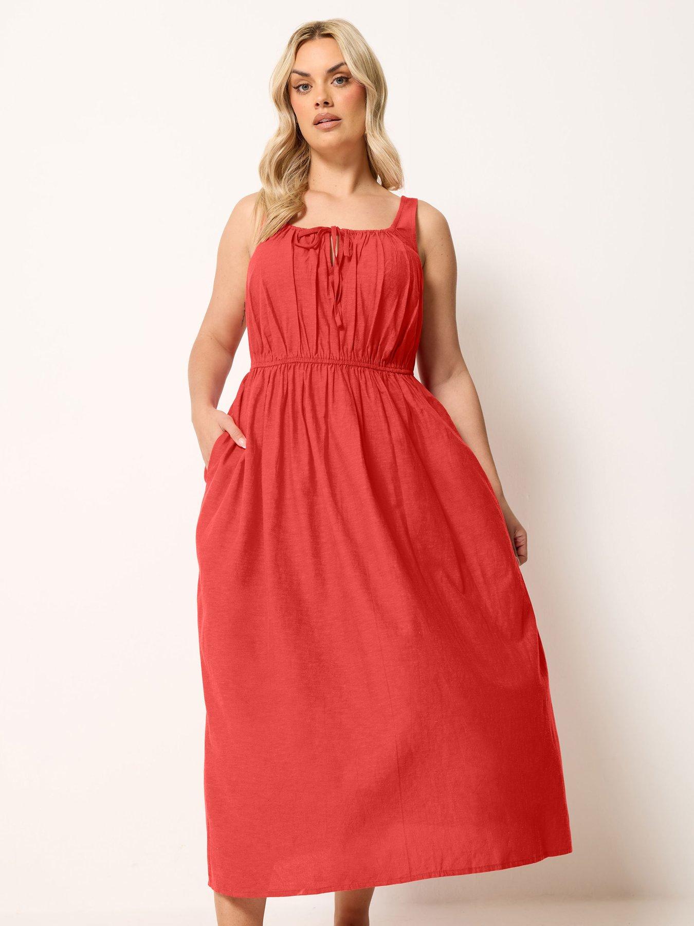 Yours Curve Linen Milkmaid Dress - Red