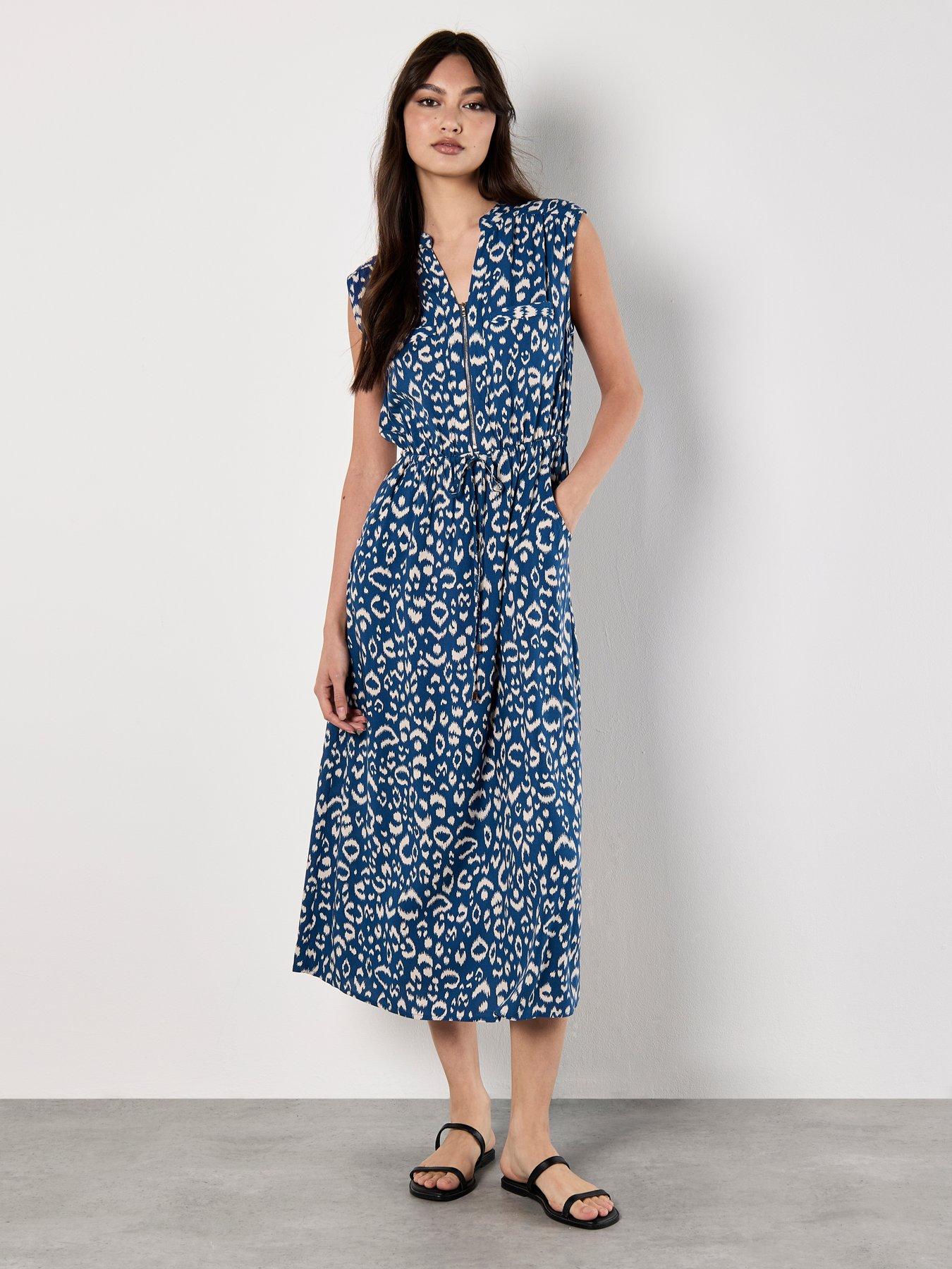 Apricot Ikat Animal Print Zip Front Midi Dress - Blue