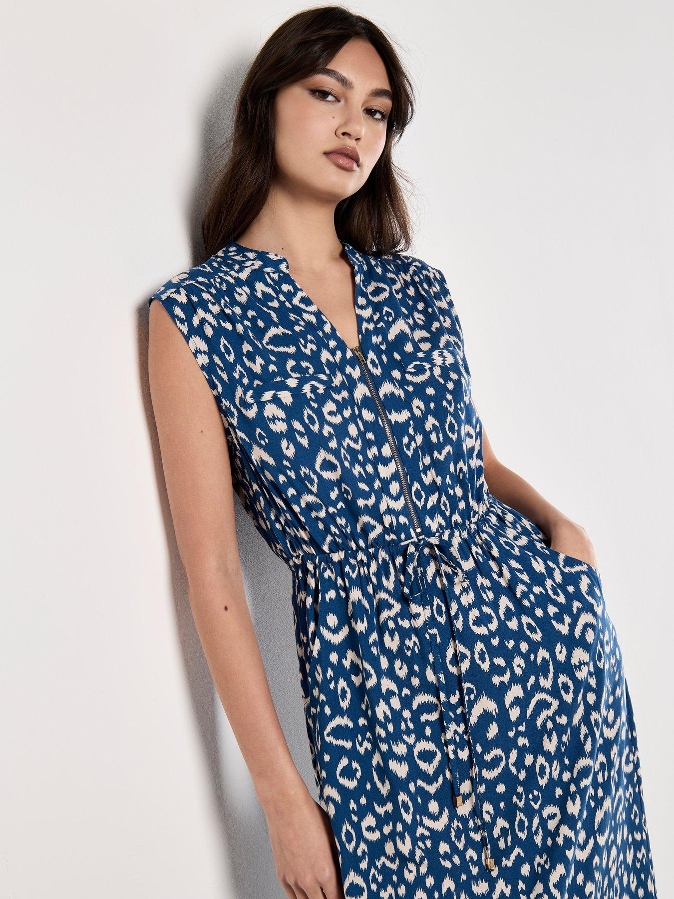 Image 3 of 4 of Apricot Ikat Animal Print Zip Front Midi Dress - Blue
