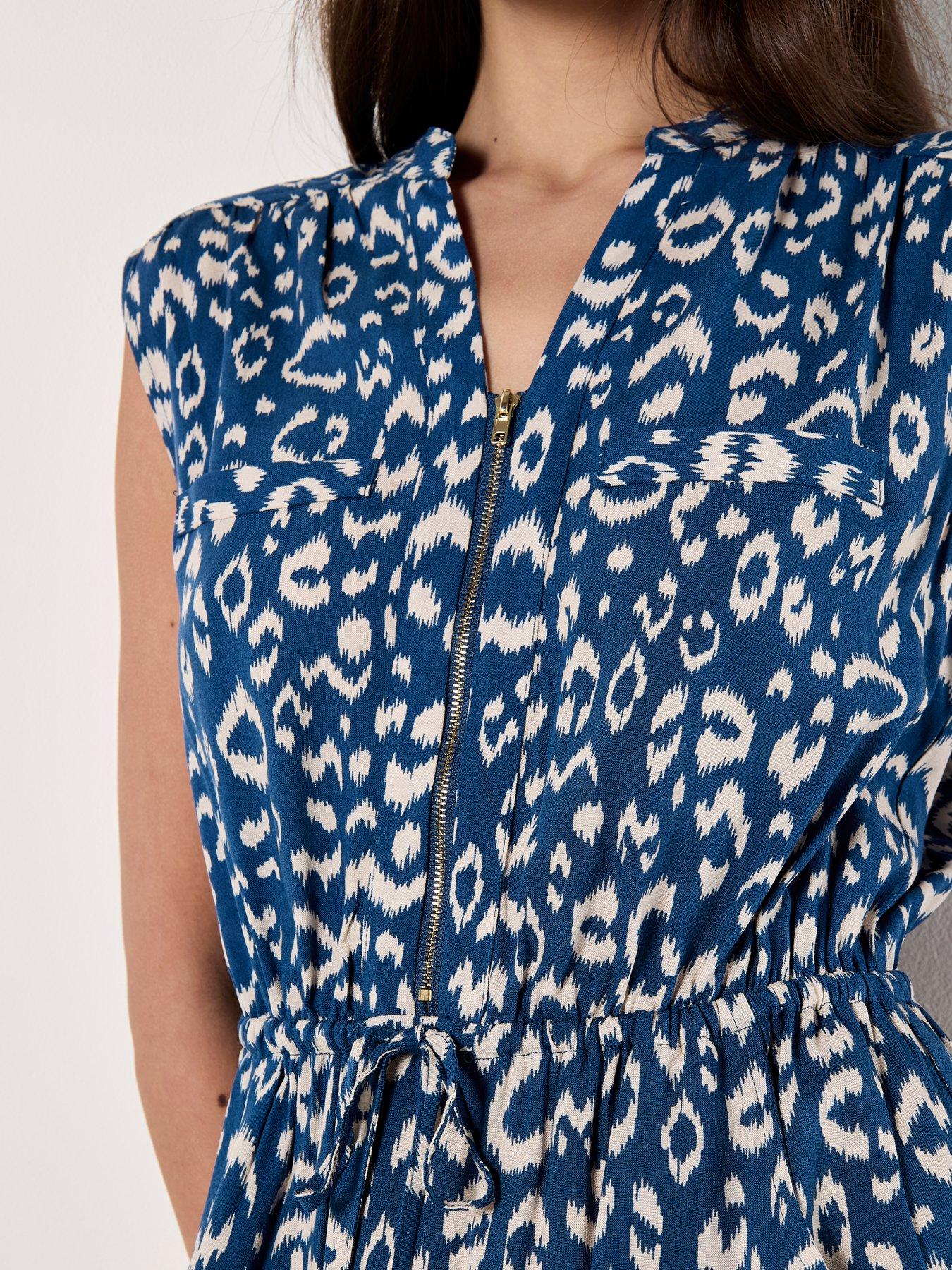 Image 4 of 4 of Apricot Ikat Animal Print Zip Front Midi Dress - Blue