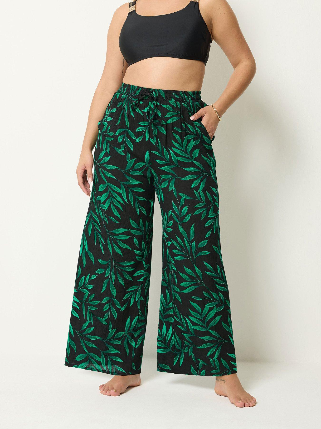 Yours Curve Leaf Print Wide Leg Crinkle Trousers - Black