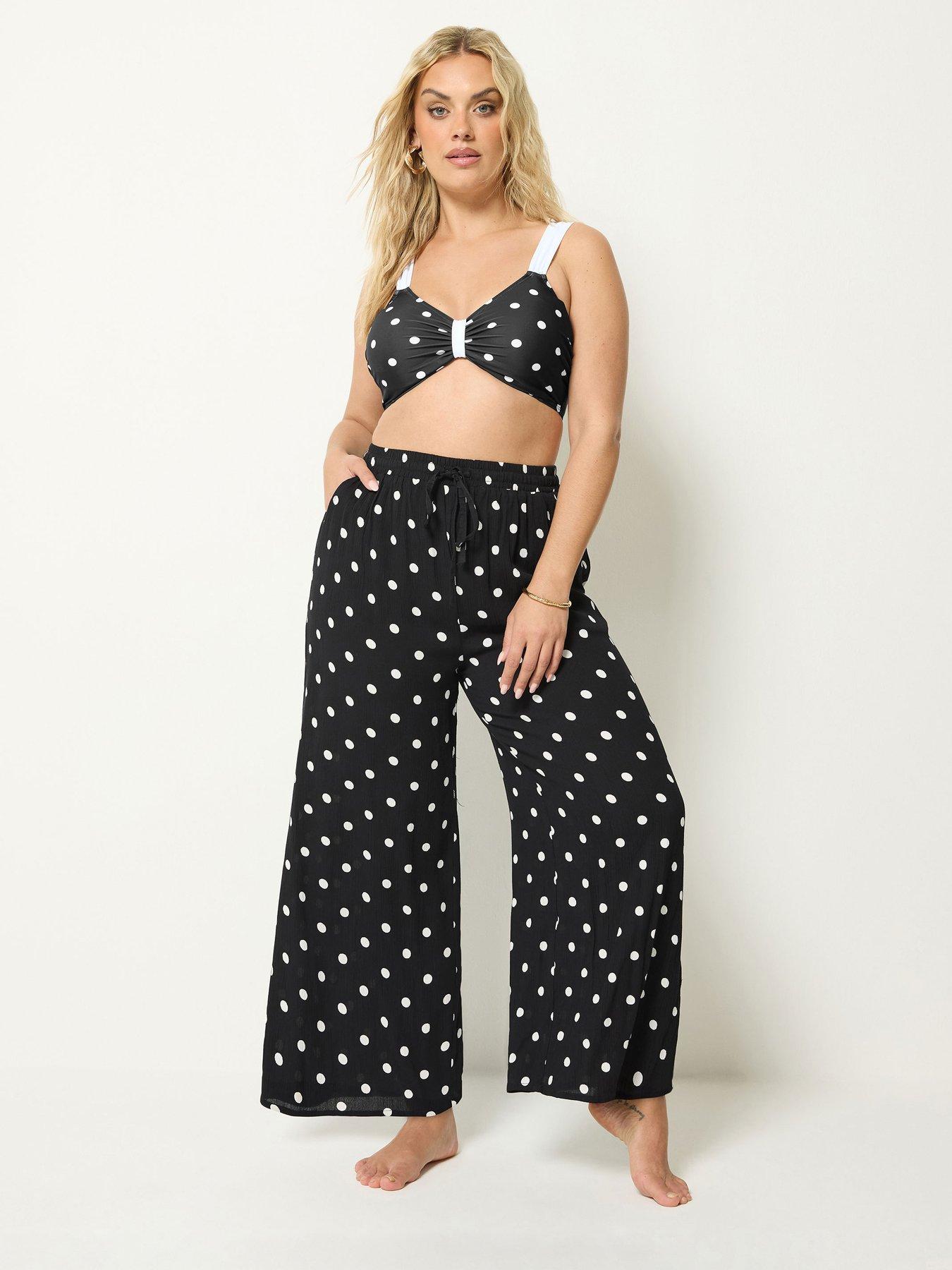 Yours Curve Polka Dot Print Wide Leg Crinkle Trousers - Black