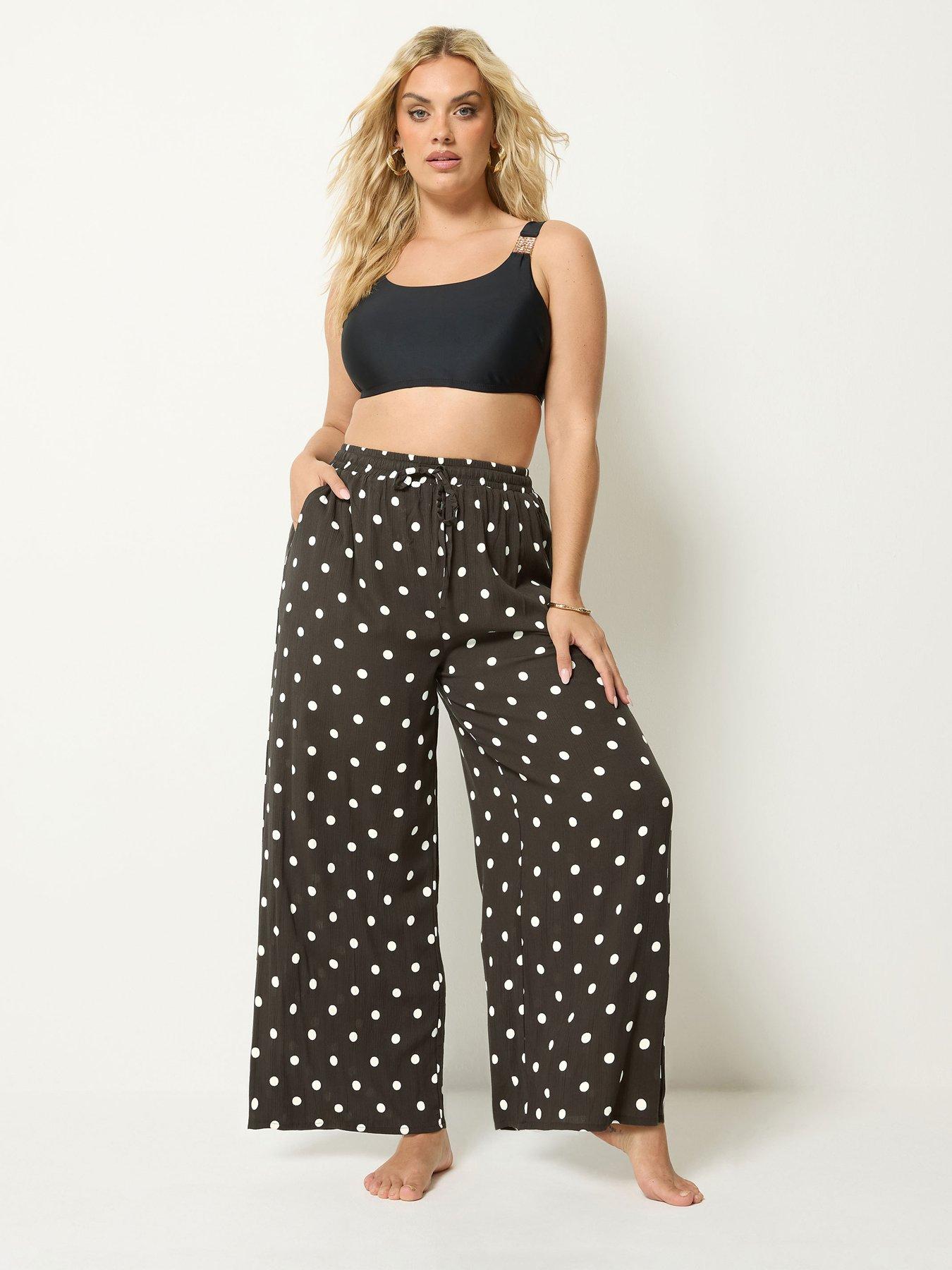 Yours Curve Polka Dot Print Wide Leg Crinkle Trousers - Brown