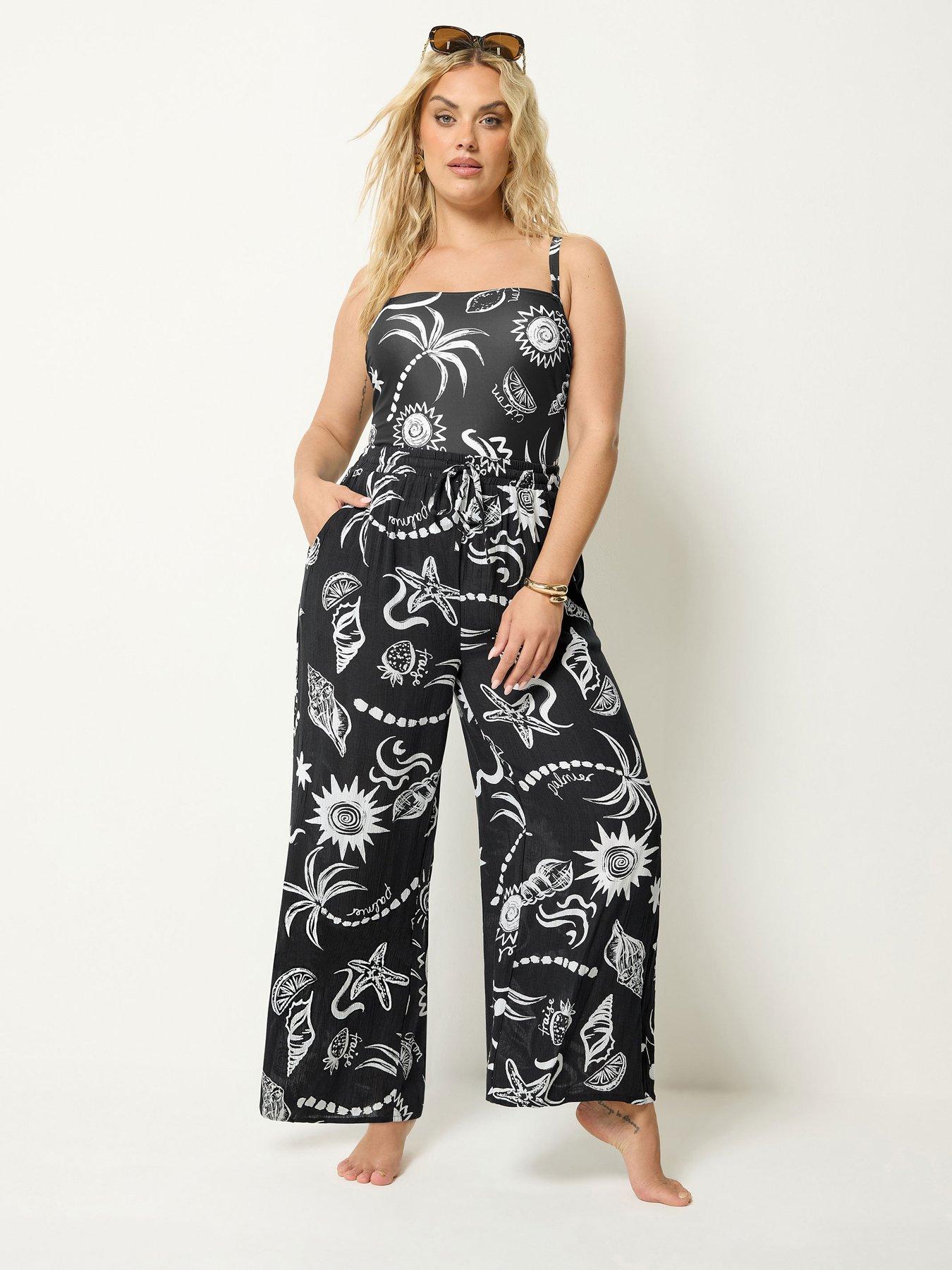 Yours Curve Shell Print Wide Leg Crinkle Trousers