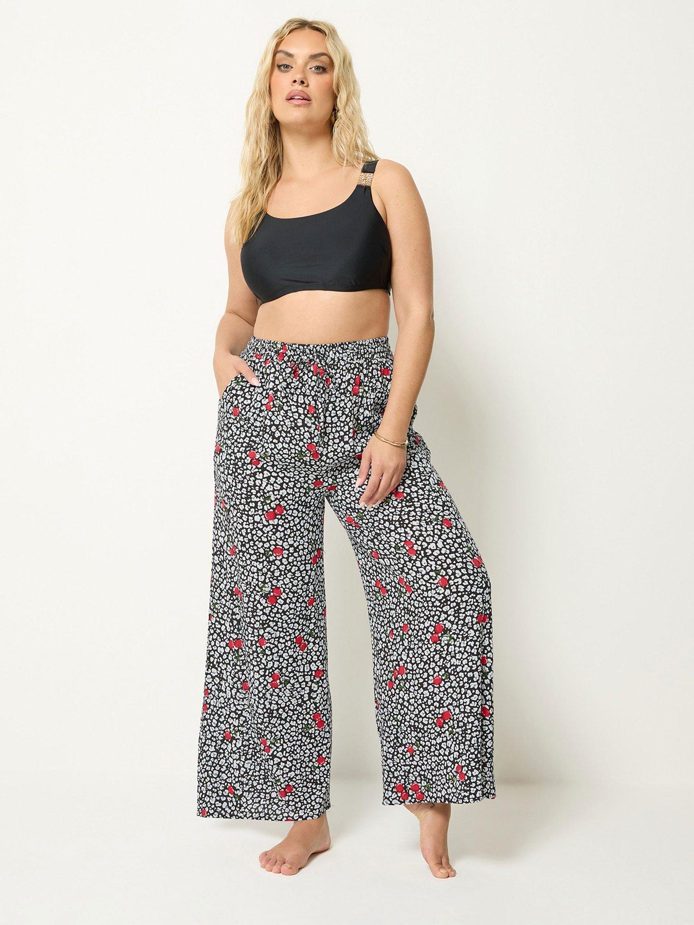 Yours Curve Cherry  &  Leopard Print Wide Leg Crinkle Trousers - Black