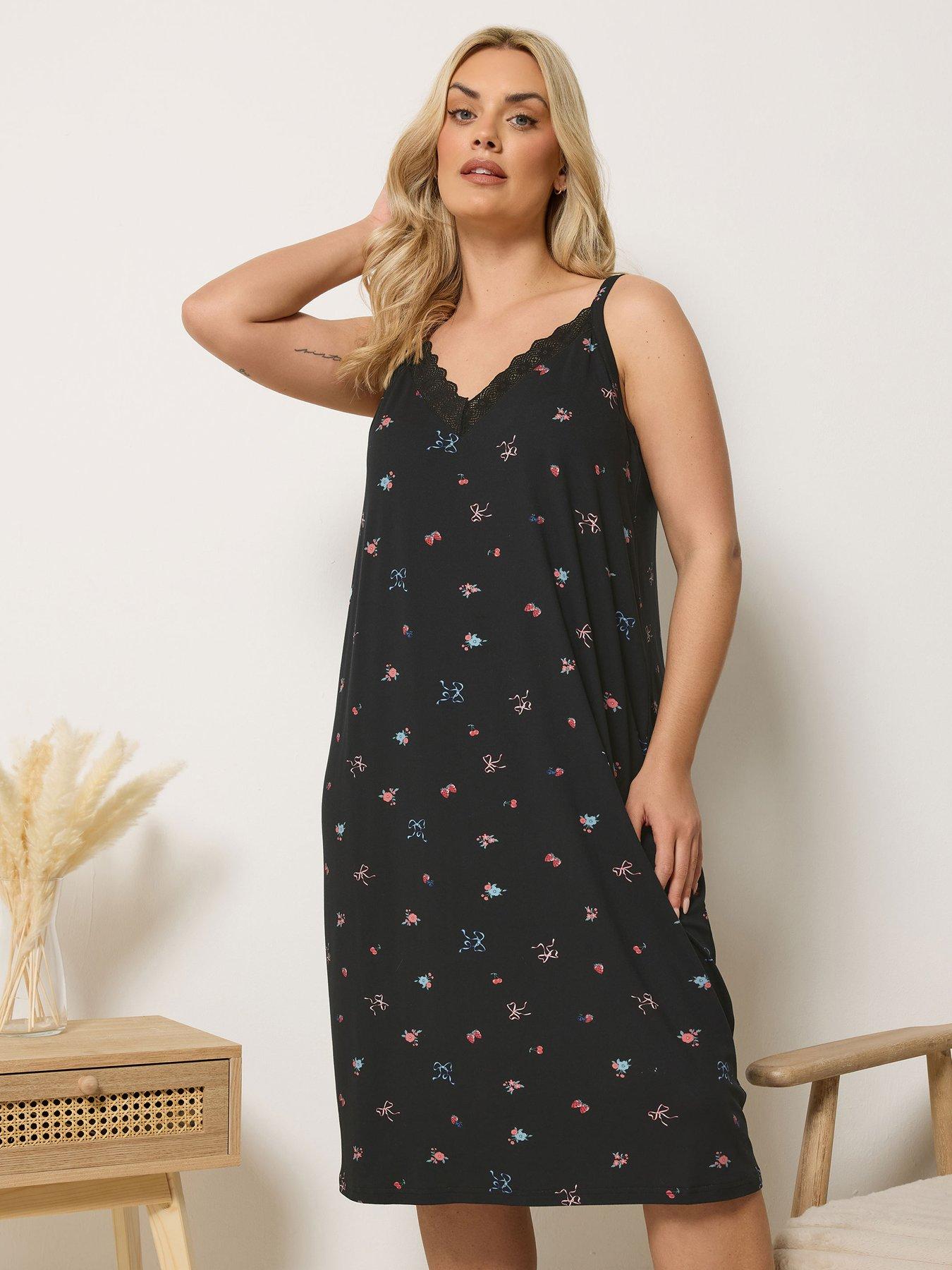 Yours Curve Soft Touch Fruit Print Lace Chemise - Black