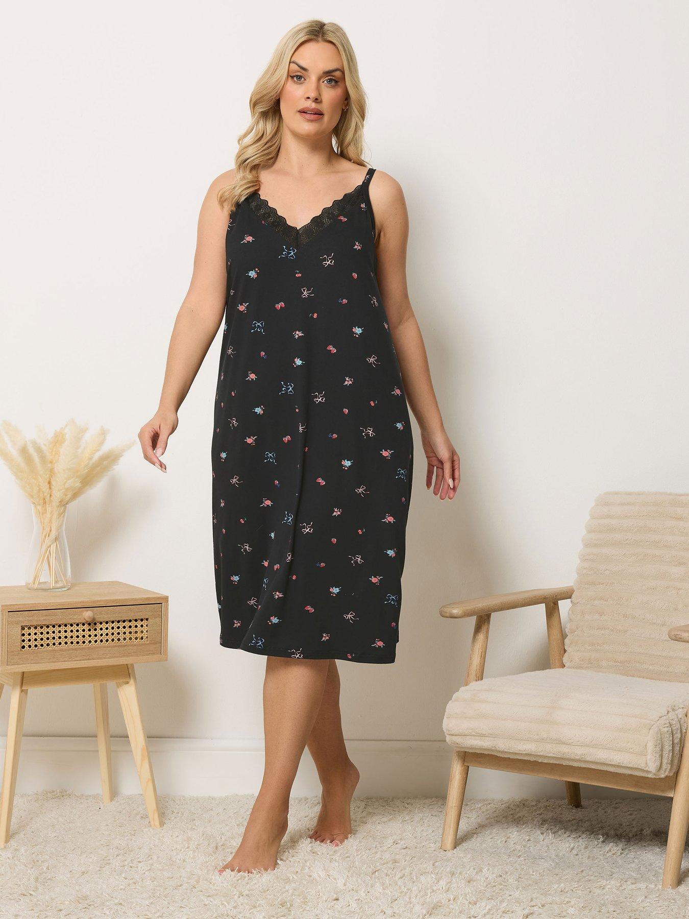 Image 3 of 5 of Yours Curve Soft Touch Fruit Print Lace Chemise - Black
