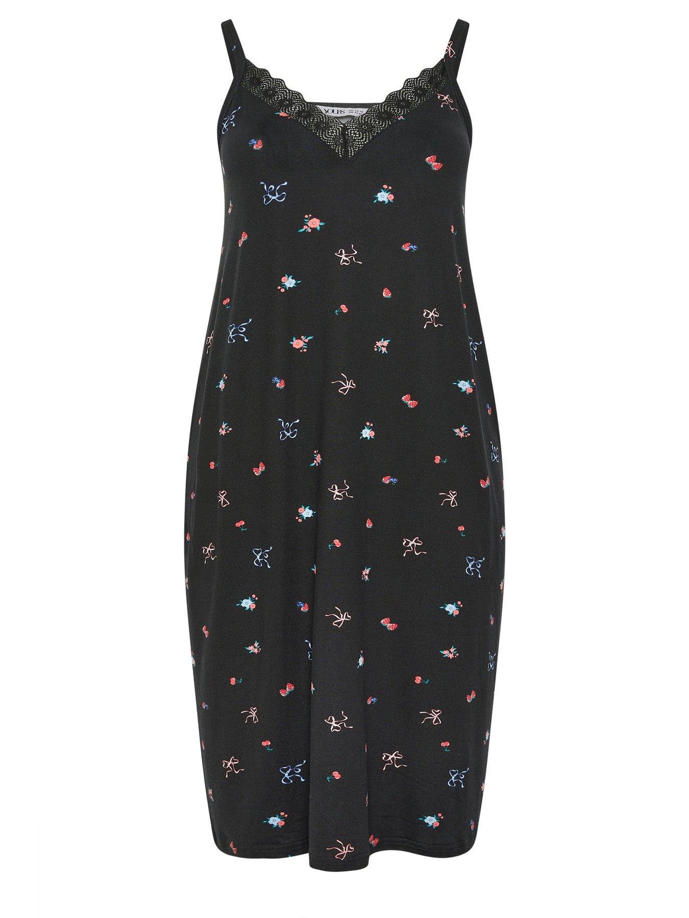 Image 5 of 5 of Yours Curve Soft Touch Fruit Print Lace Chemise - Black