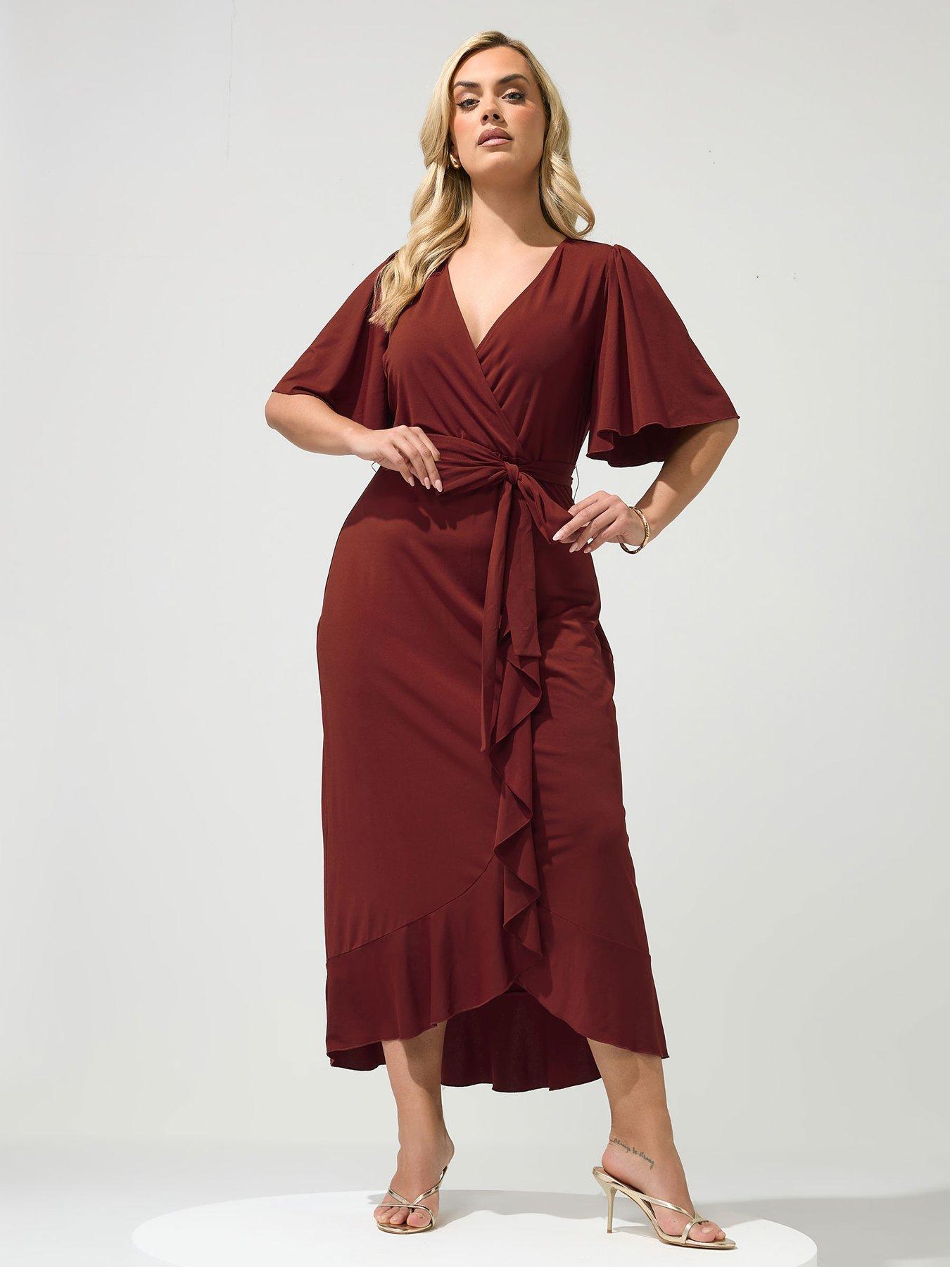 Yours Curve Ruffle Hem Wrap Dress - Burgundy