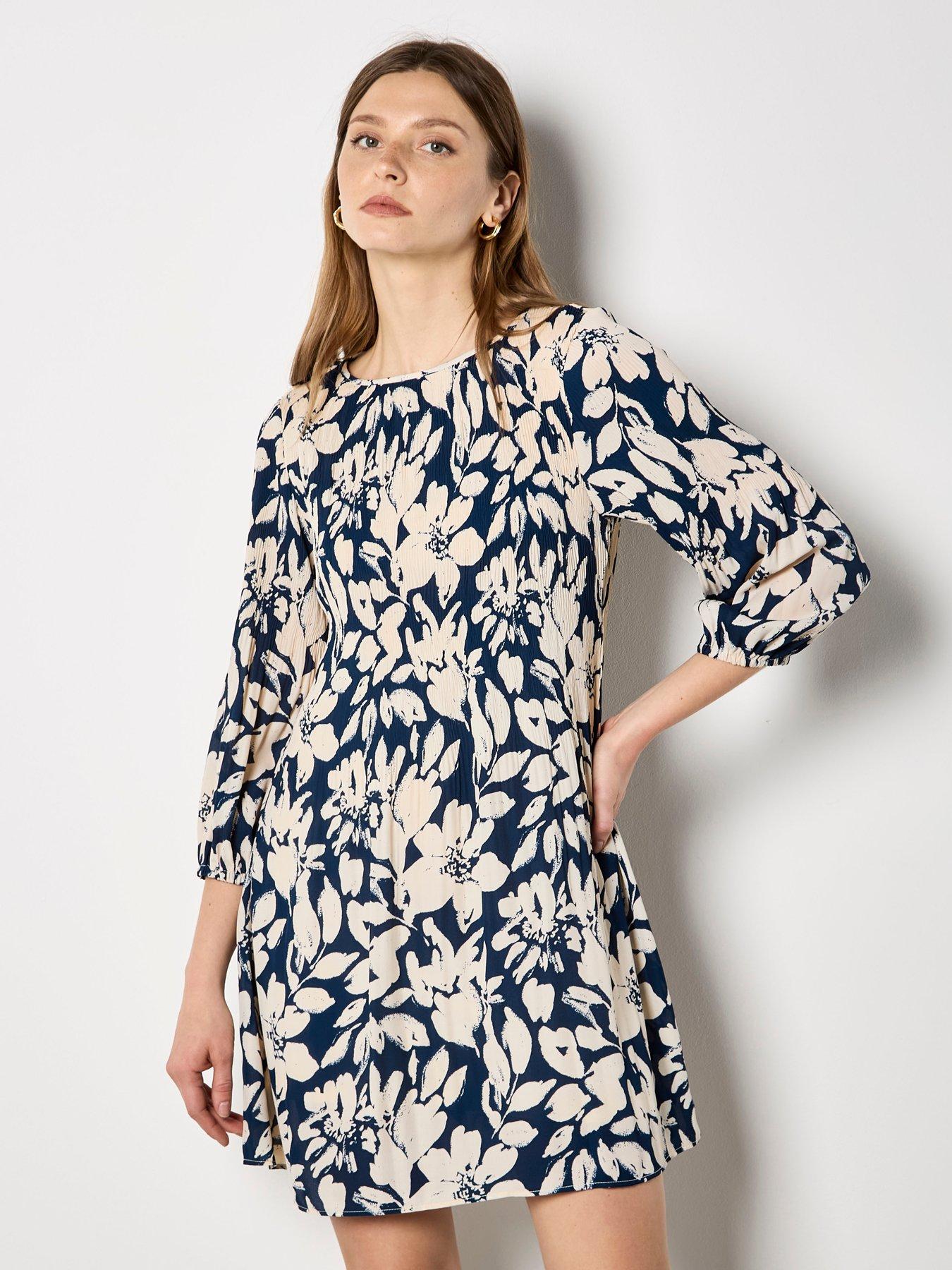 Apricot Printed Plisse Bell Sleeve Dress