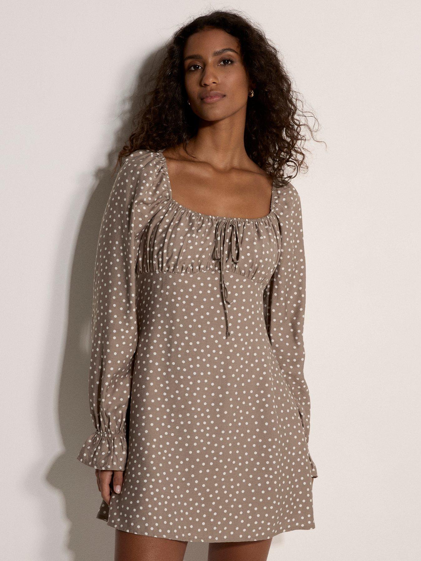 Apricot Polka Dot Wide Milkmaid Dress - Cream