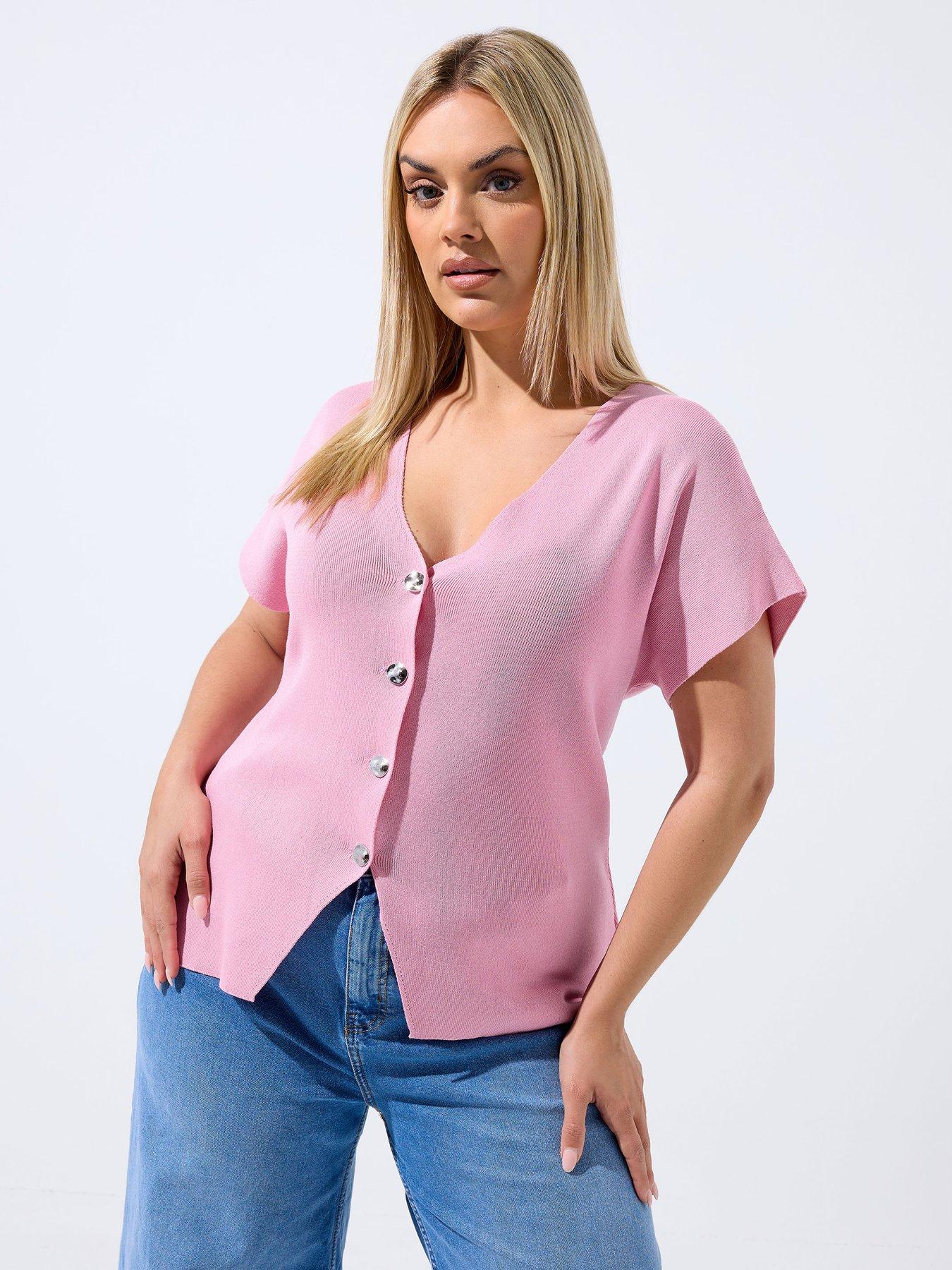 Yours Curve Double Button Knit Top - Pink