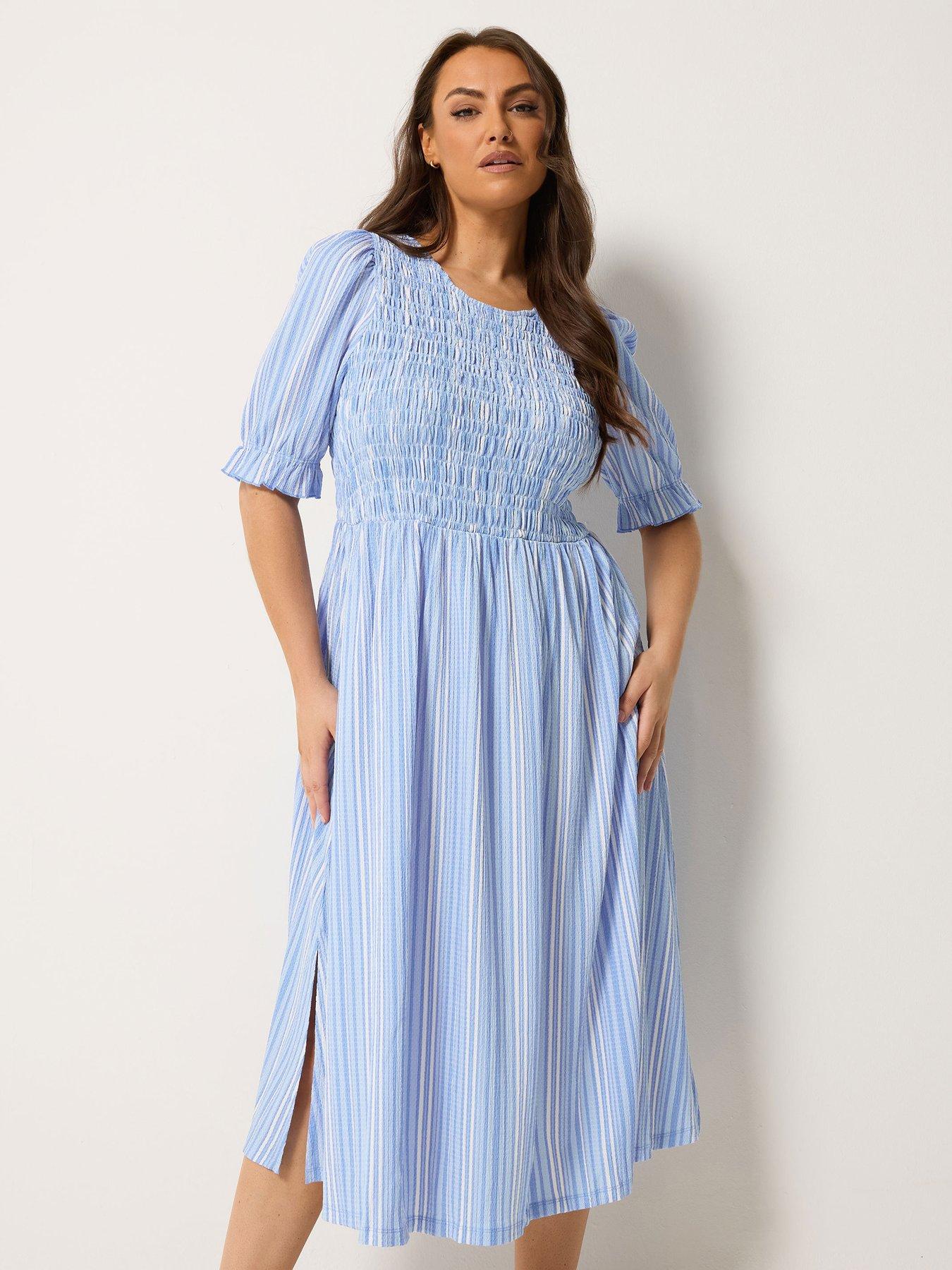Yours Curve Shirred Puff Sleeve Dress - Blue