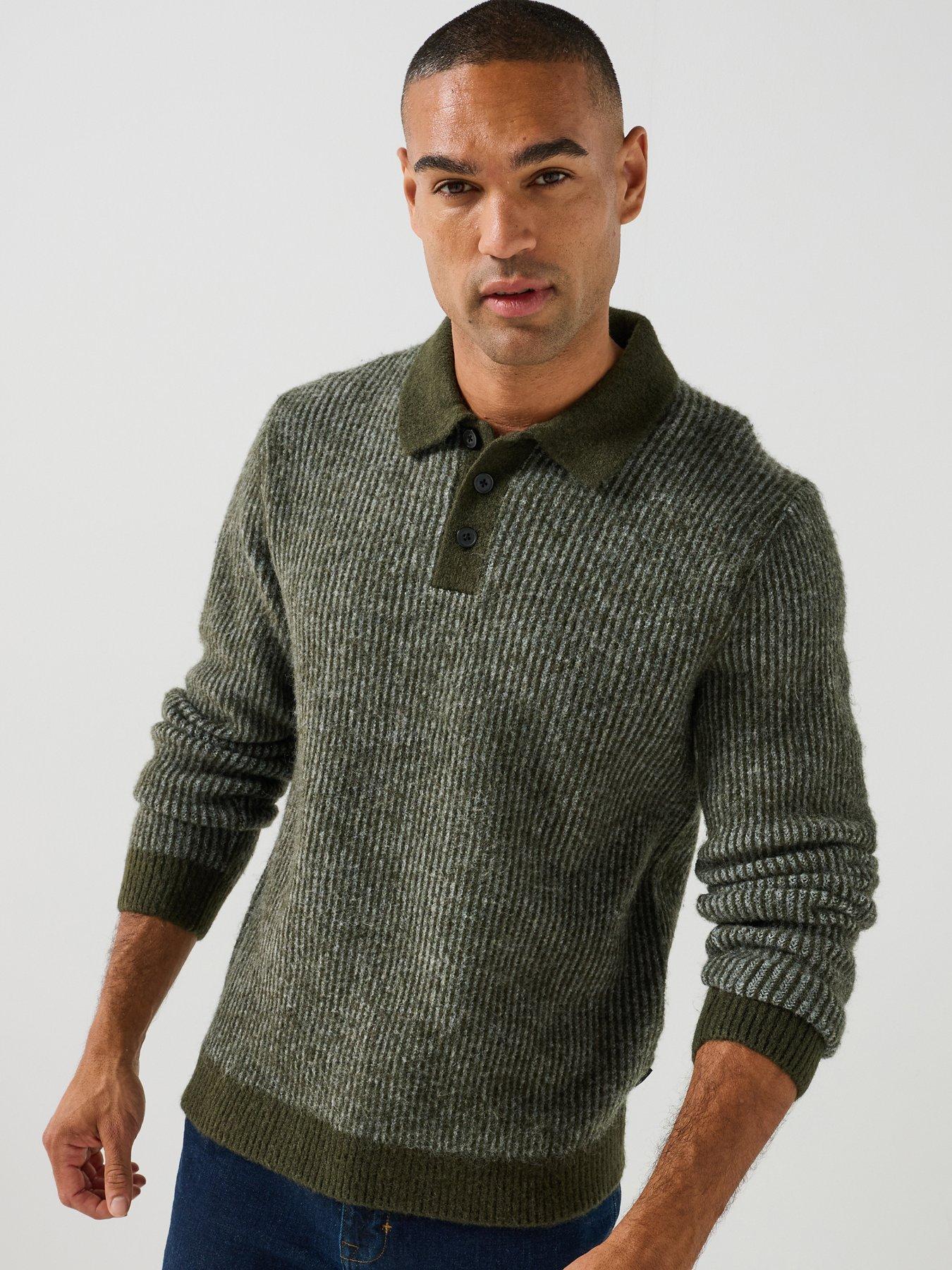 Jack & Jones Mens Regular Fit Ribbed Knit Long Sleeve Polo Shirt - Medium Grey Melange