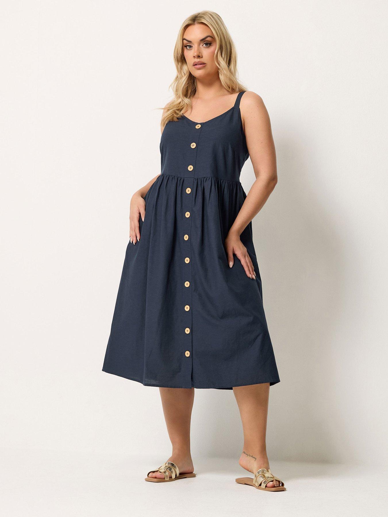 Image 3 of 4 of Yours Curve Linen Button Sundress - Blue