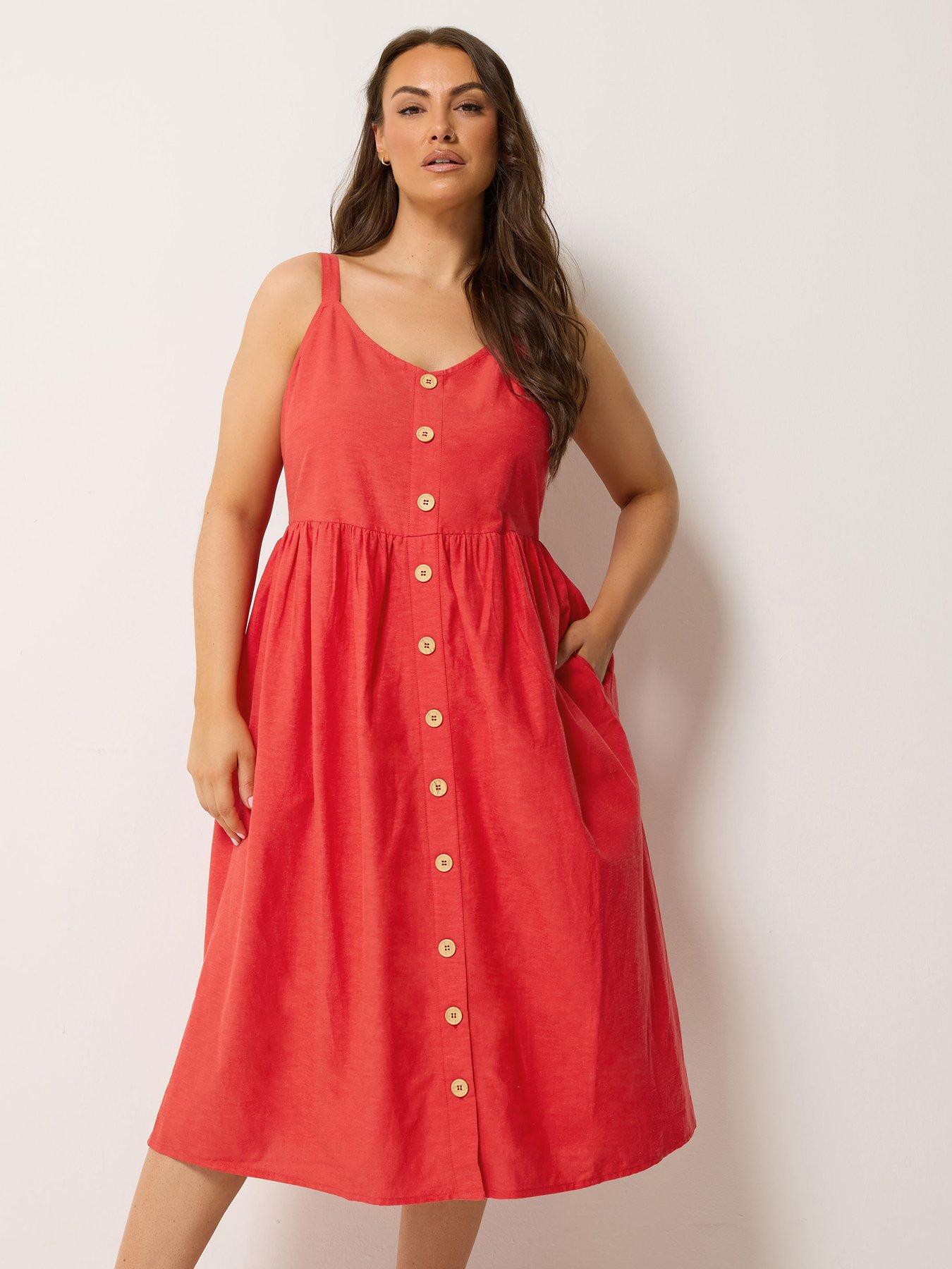 Yours Curve Linen Button Sundress - Red