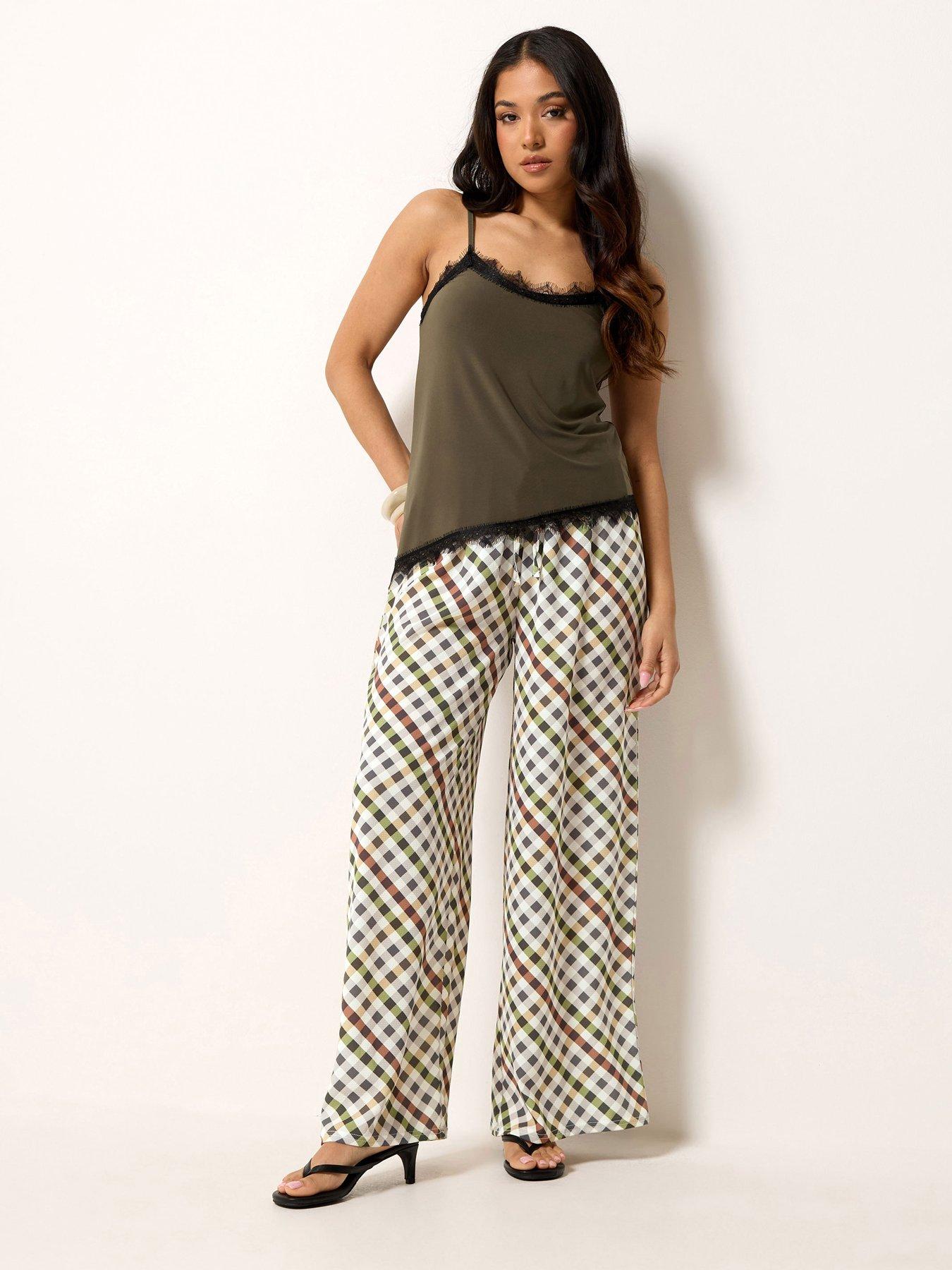 PixieGirl Petite Gingham Wide Leg Trousers - Cream