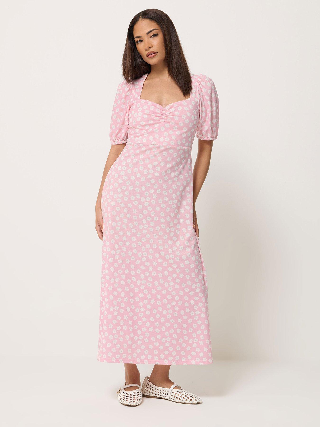 PixieGirl Petite Daisy Print Bust Midi Dress - Pink