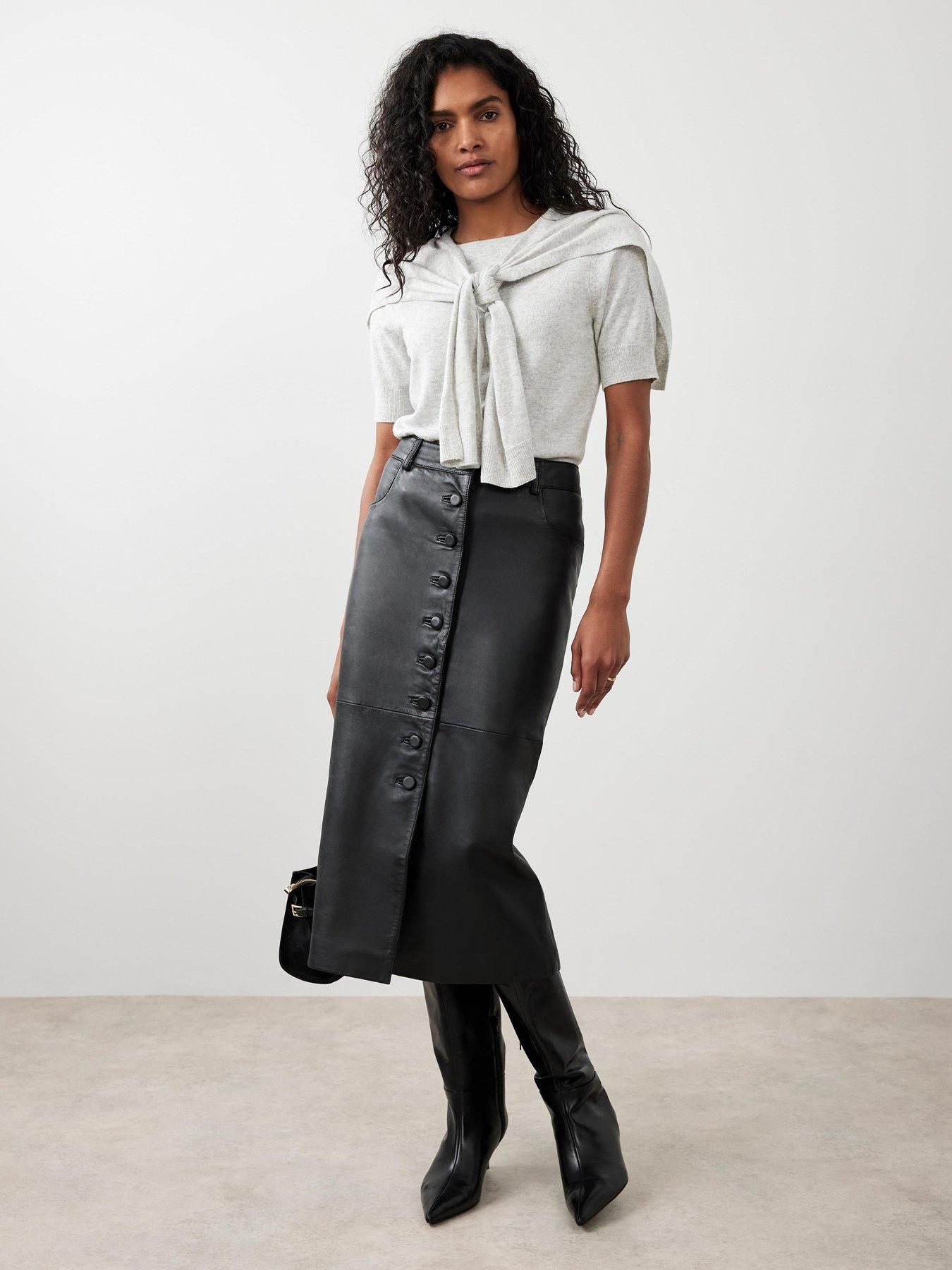 Image 1 of 6 of Mint Velvet Black Leather Midi Skirt